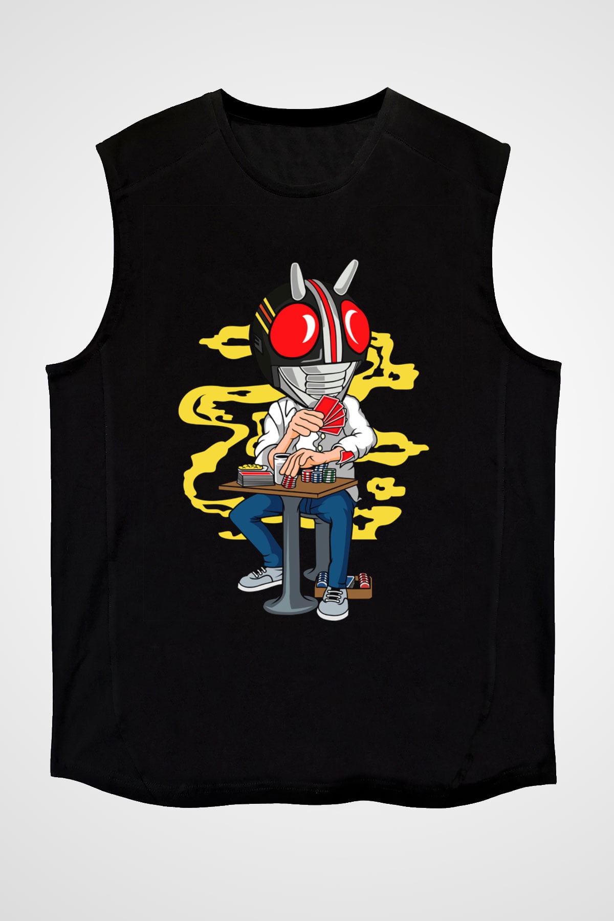 Kamen Gambler Baskılı Unisex Siyah Kolsuz Tişört