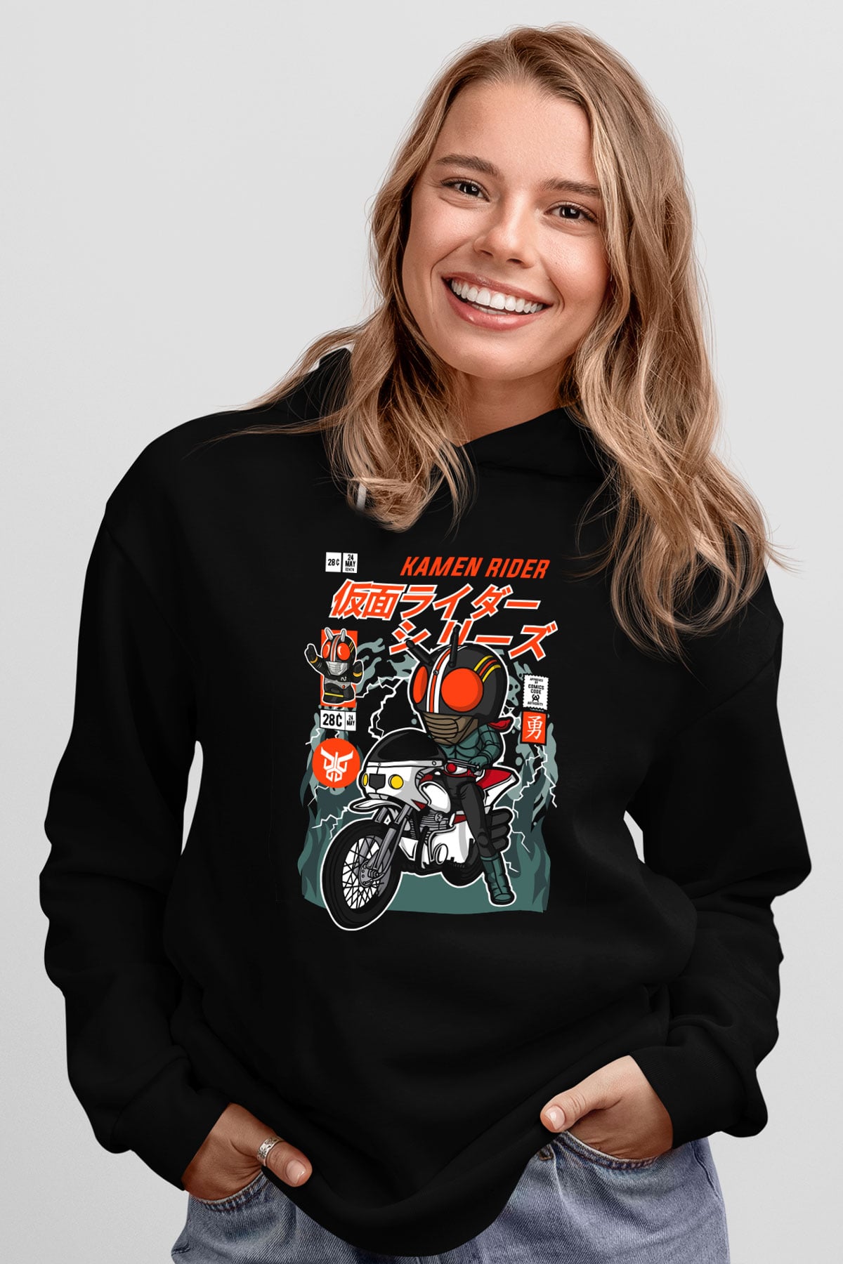 Kamen Motorider Baskılı Unisex Siyah Hoodie