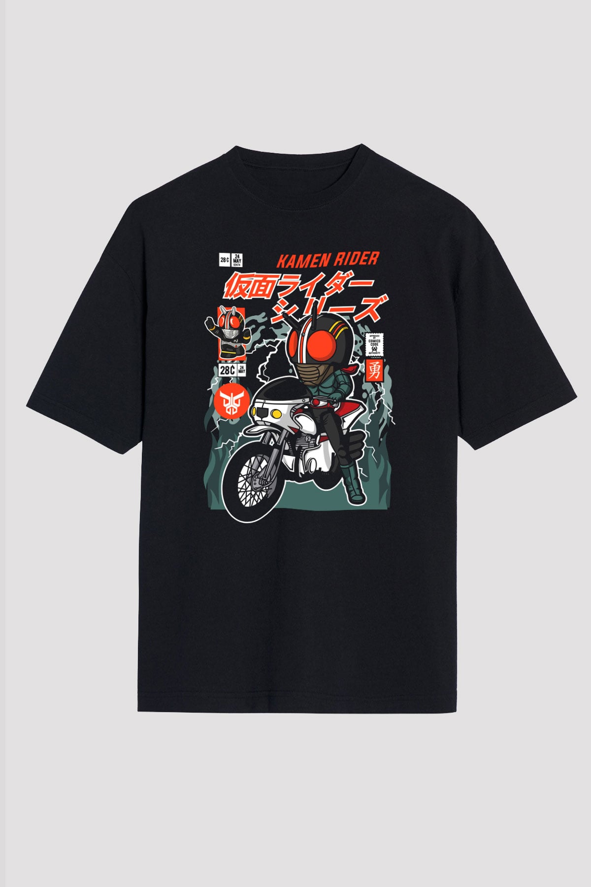 Kamen Motorider Baskılı Unisex Siyah Oversize Tişört