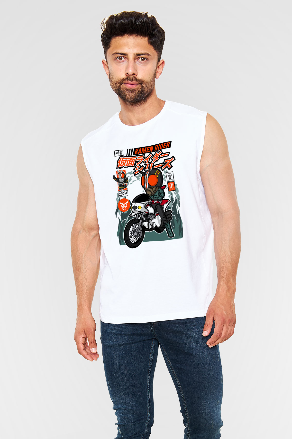 Kamen Rider Baskılı Unisex Beyaz Kolsuz Tişört