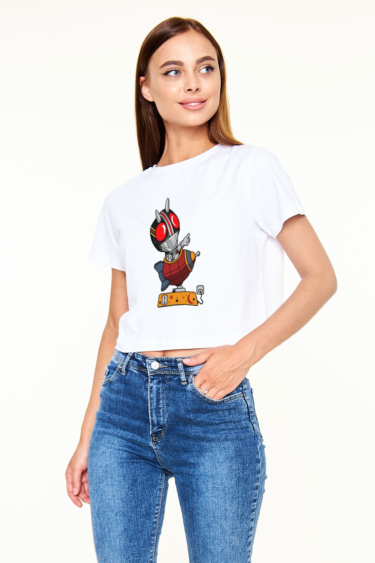 Kamen Rocket Baskılı Beyaz Kadın Crop Top Tişört