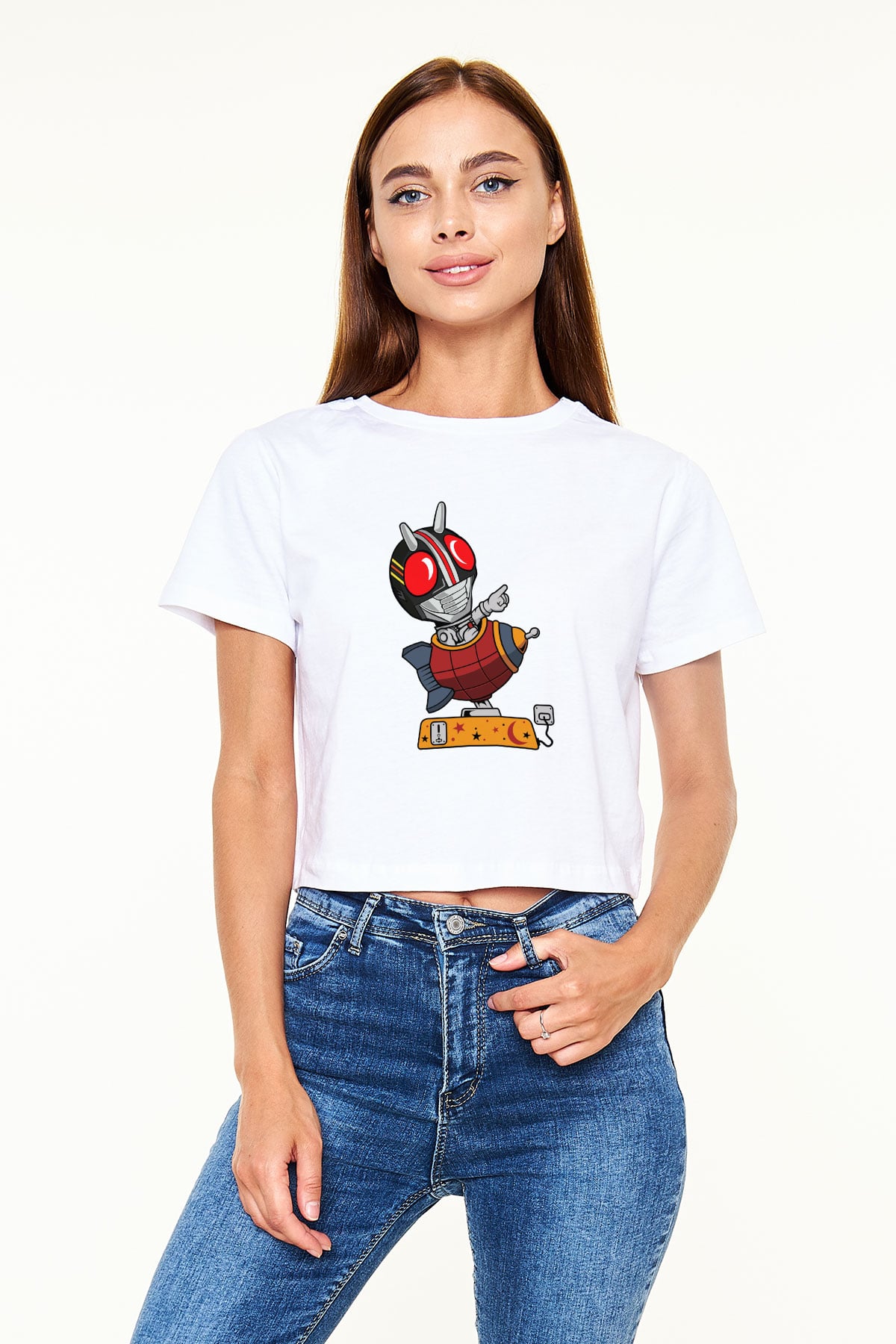 Kamen Rocket Baskılı Beyaz Kadın Crop Top Tişört