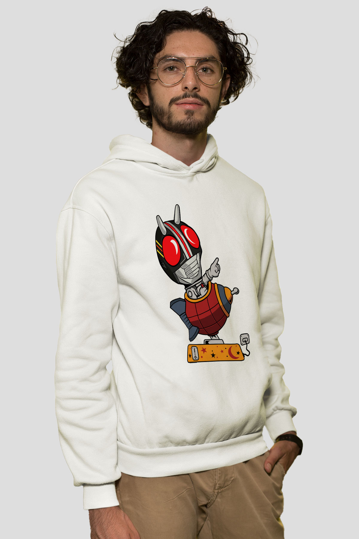 Kamen Rocket Baskılı Beyaz Unisex Hoodie