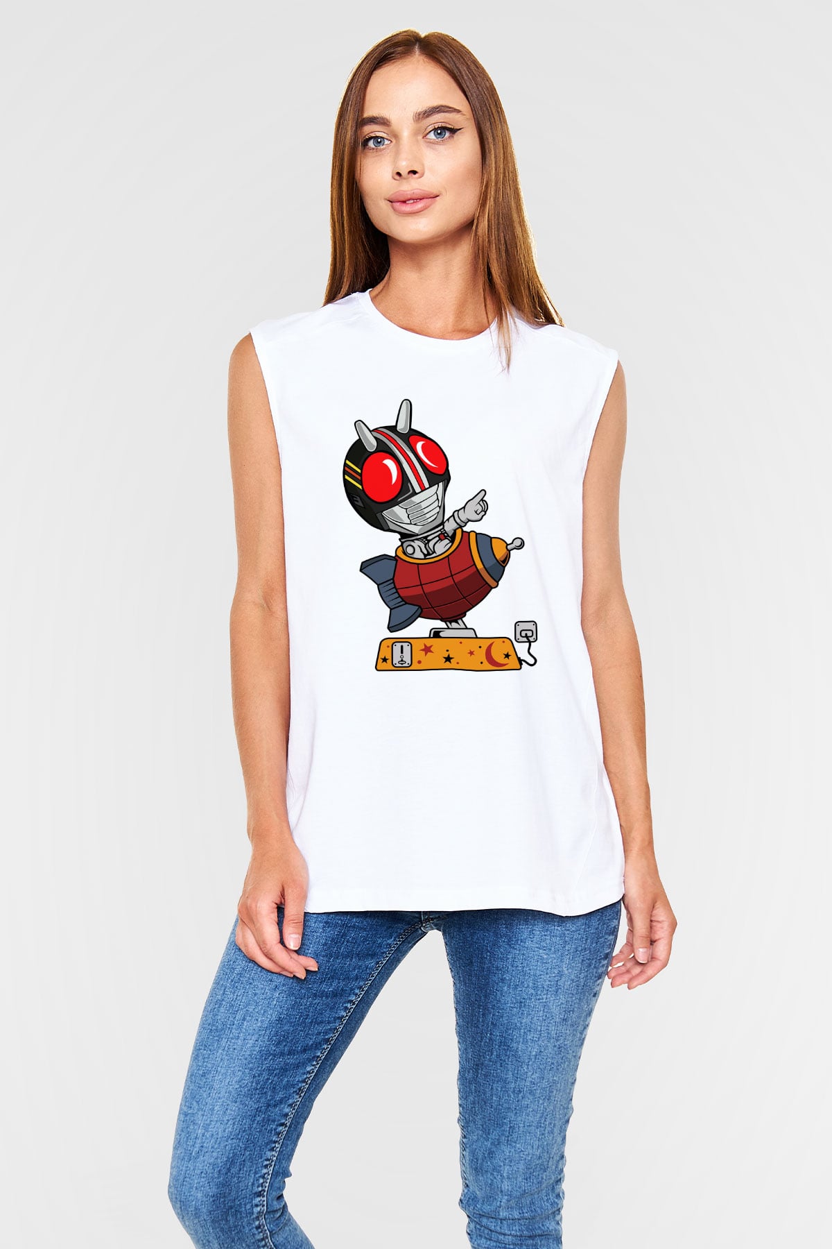 Kamen Rocket Baskılı Beyaz Unisex Kolsuz Tişört