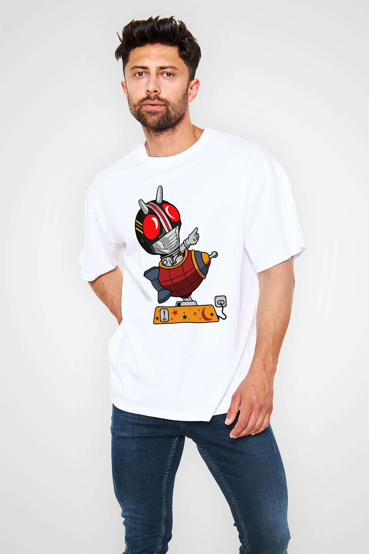 Kamen Rocket Baskılı Beyaz Unisex Oversize Tişört