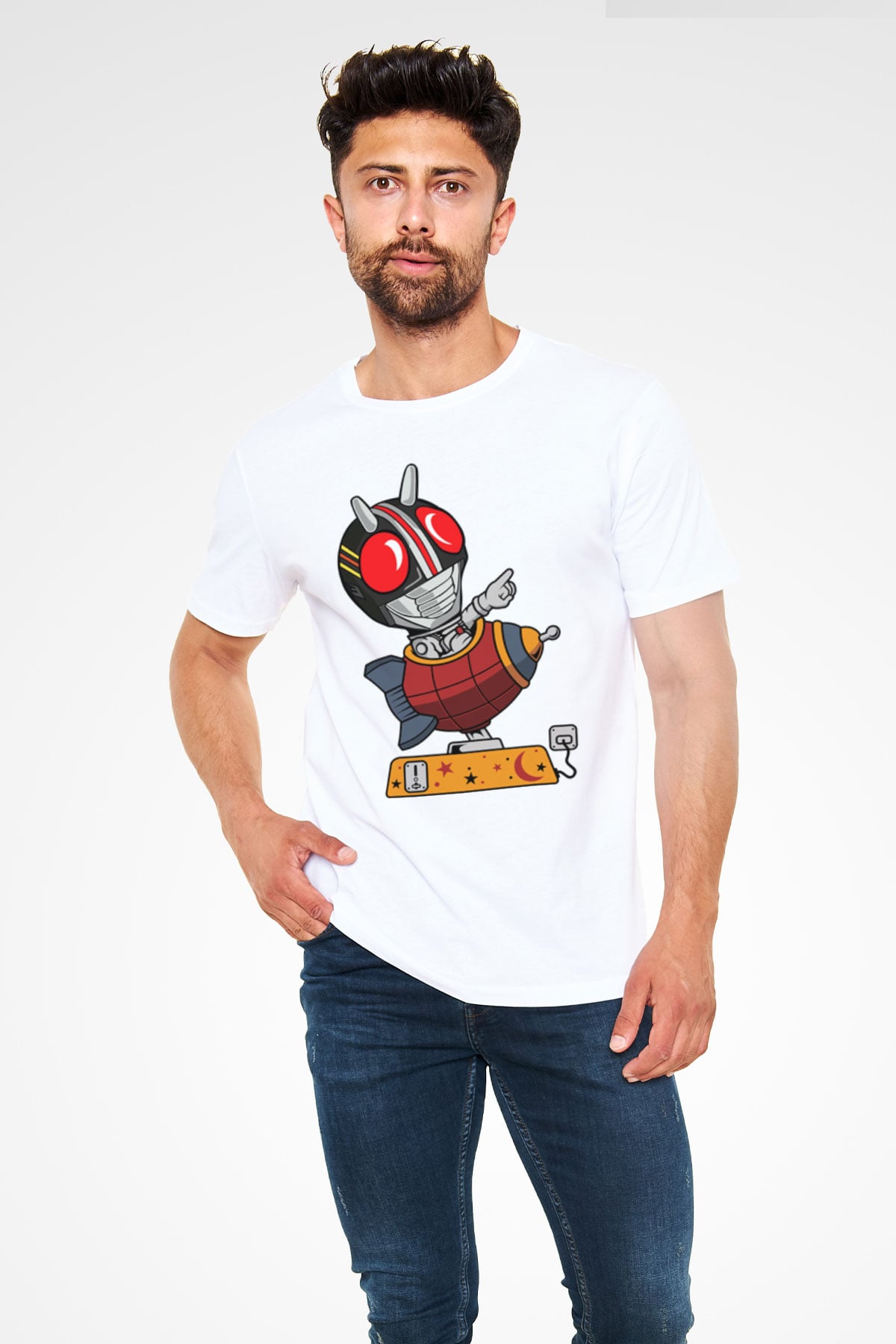 Kamen Rocket Baskılı Beyaz Unisex Tişört