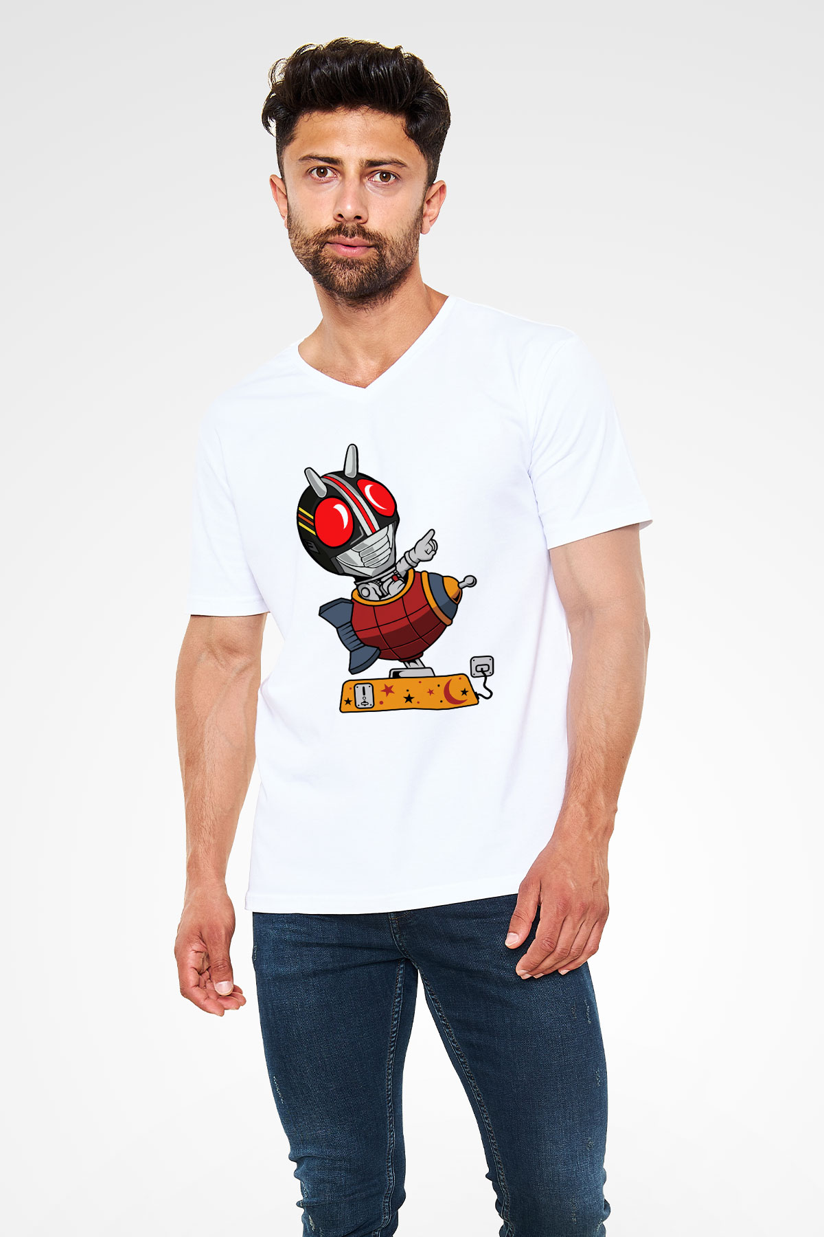 Kamen Rocket Baskılı Beyaz Unisex V Yaka Tişört