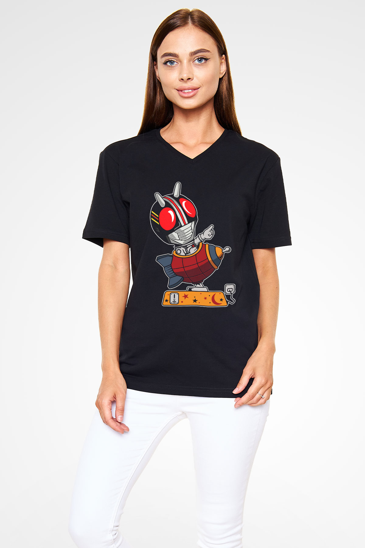 Kamen Rocket Baskılı Siyah Unisex V Yaka Tişört
