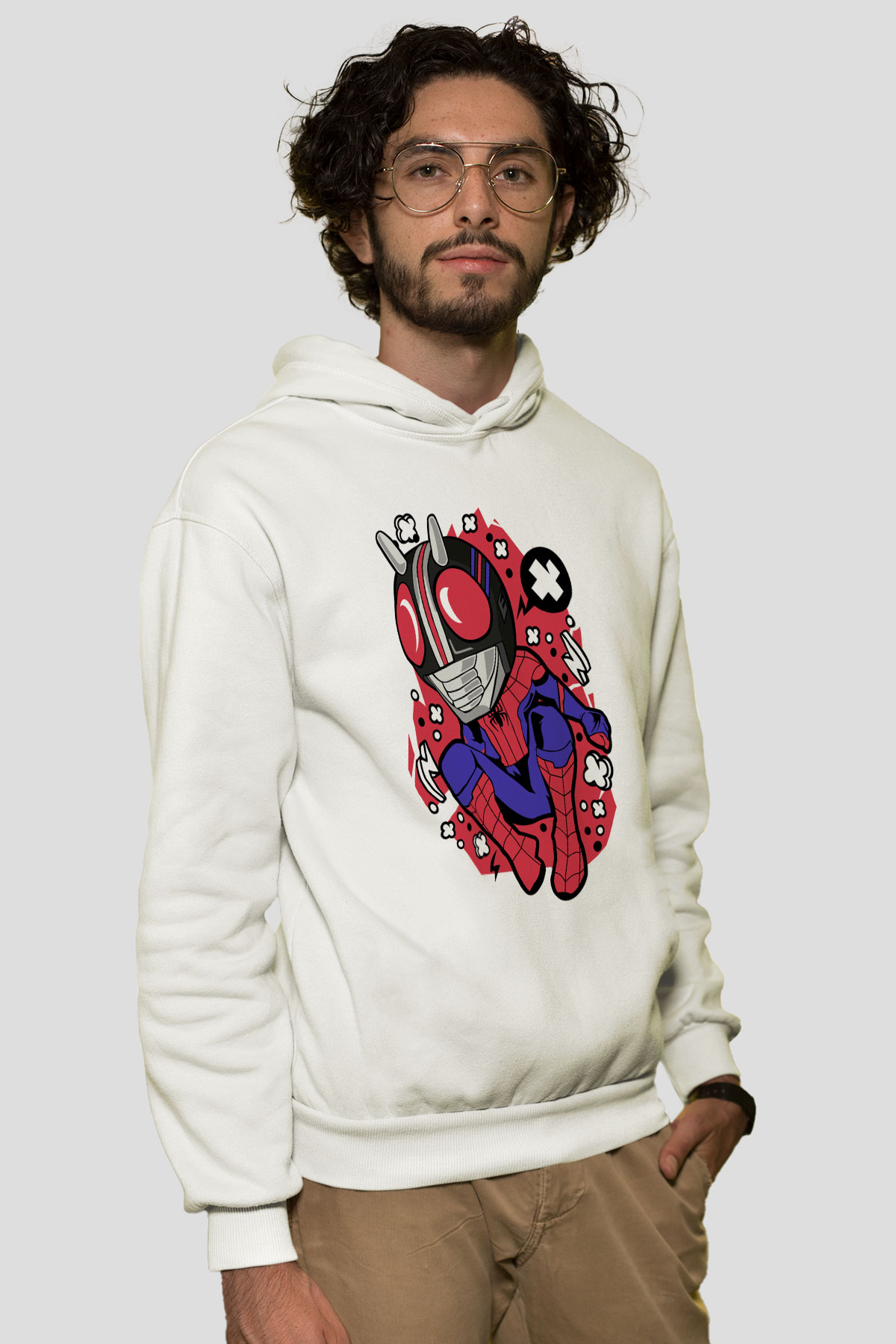Kamen Spider Baskılı Beyaz Unisex Hoodie