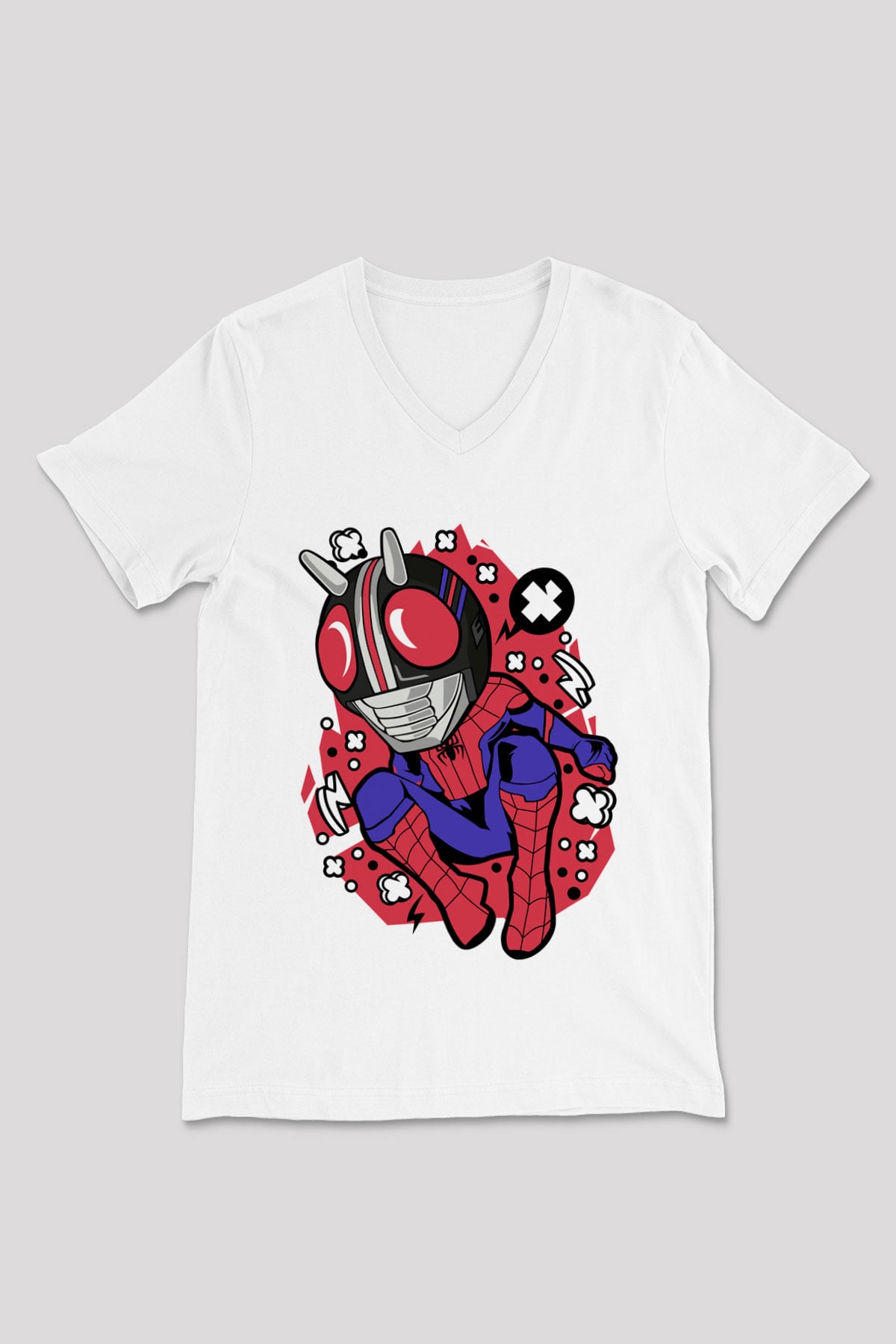 Kamen Spider Baskılı Beyaz Unisex V Yaka Tişört