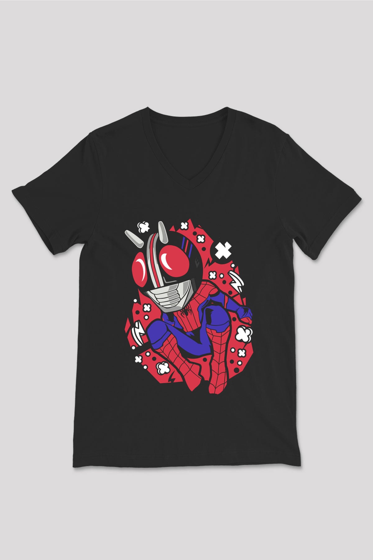 Kamen Spider Baskılı Siyah Unisex V Yaka Tişört