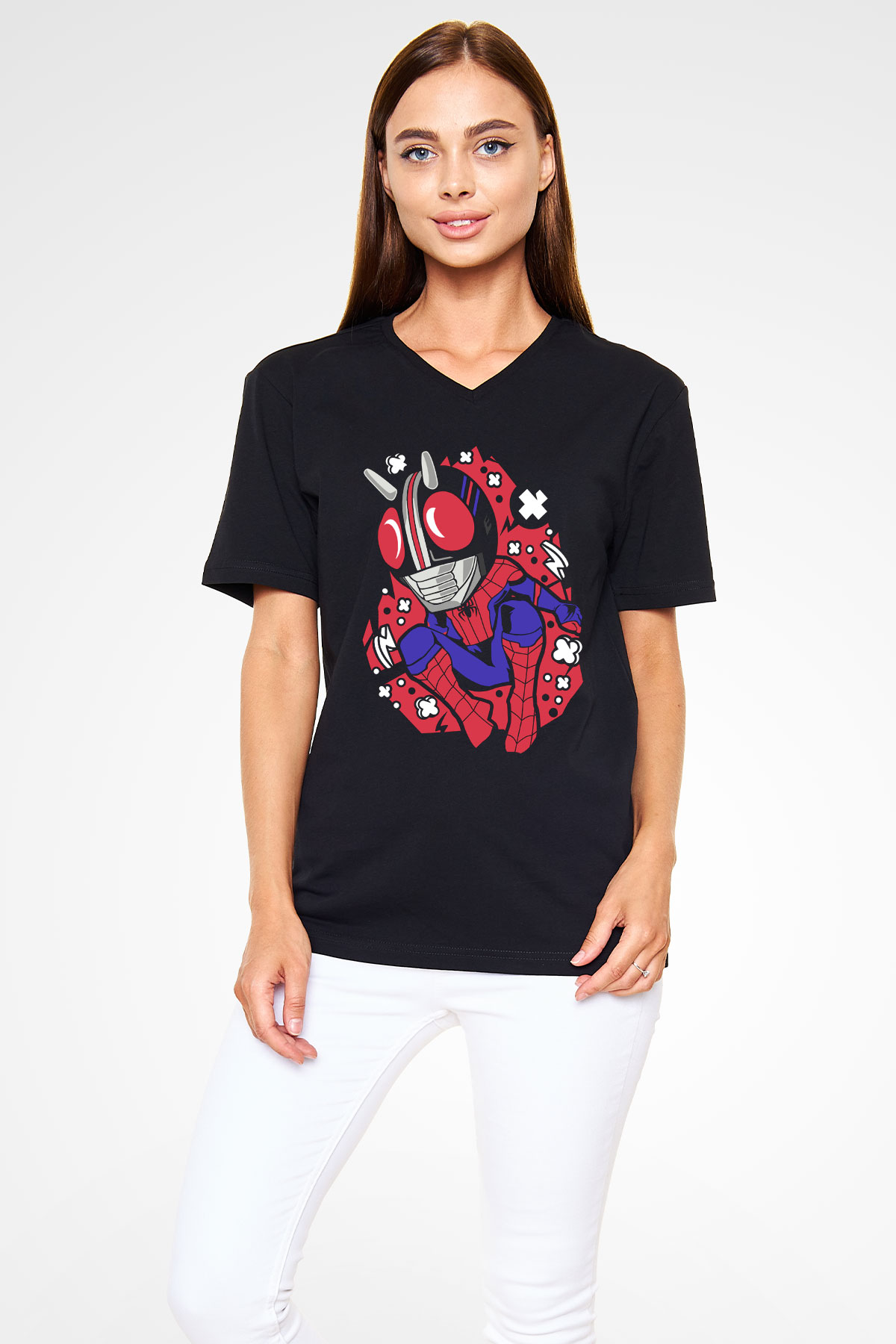 Kamen Spider Baskılı Siyah Unisex V Yaka Tişört