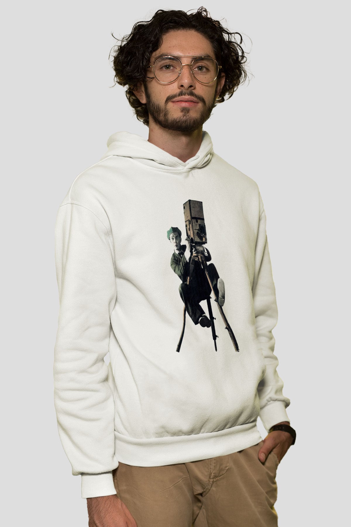 Kameraman Beyaz Unisex Kapüşonlu Sweatshirt