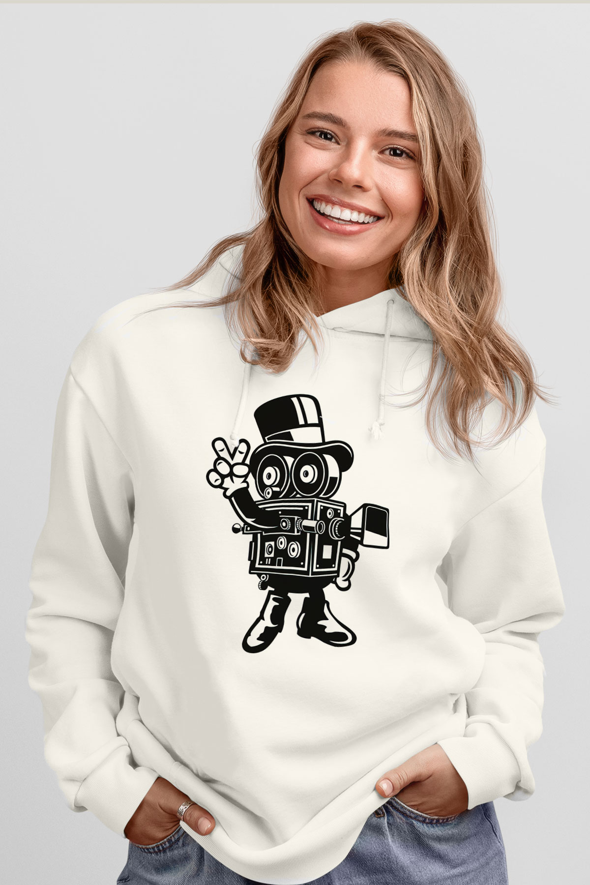Kameraman Beyaz Unisex Kapüşonlu Sweatshirt