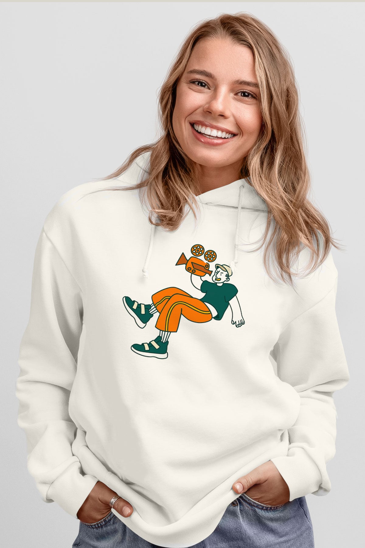 Kameraman Beyaz Unisex Kapüşonlu Sweatshirt
