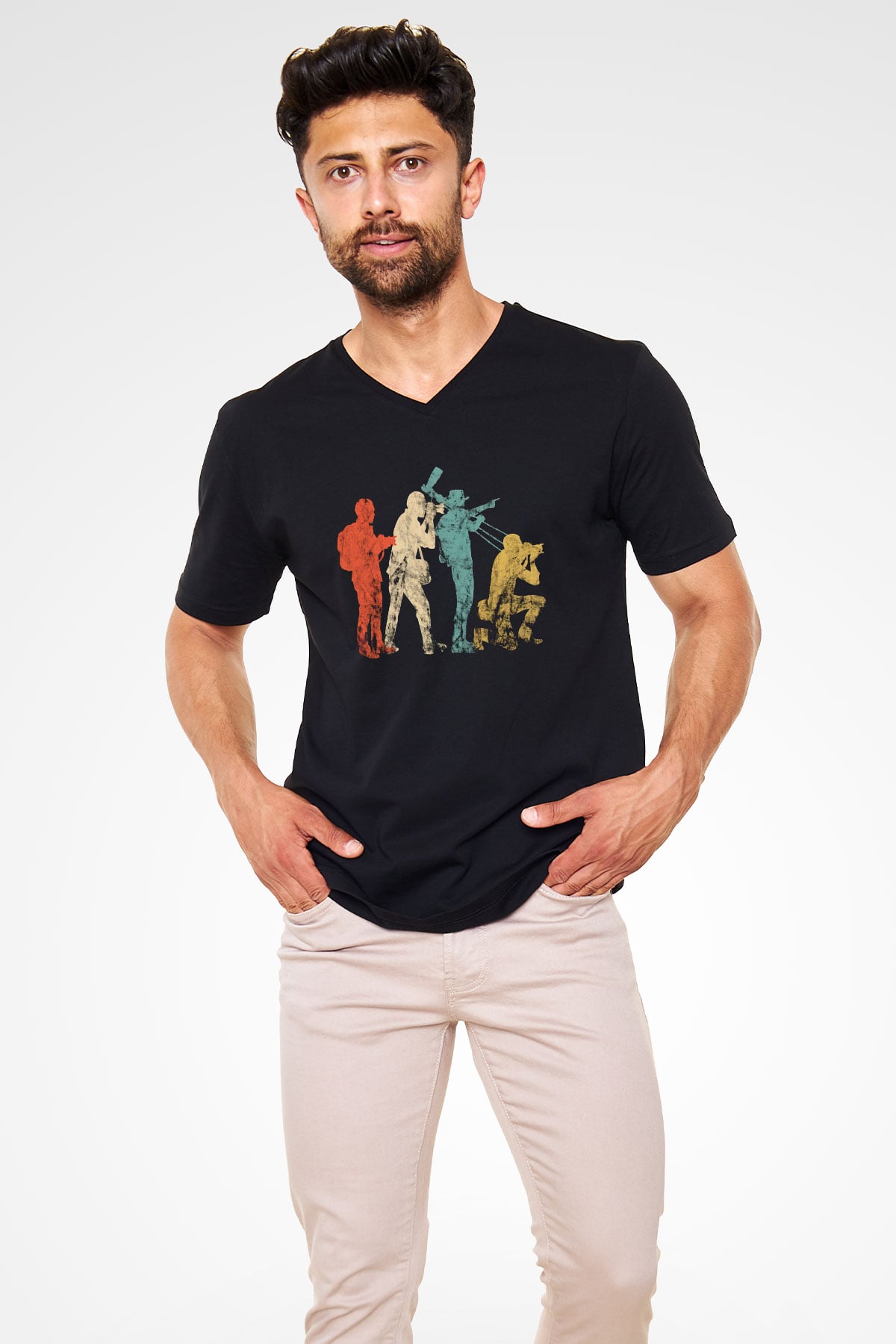 Kameraman Siyah Unisex V Yaka Tişört