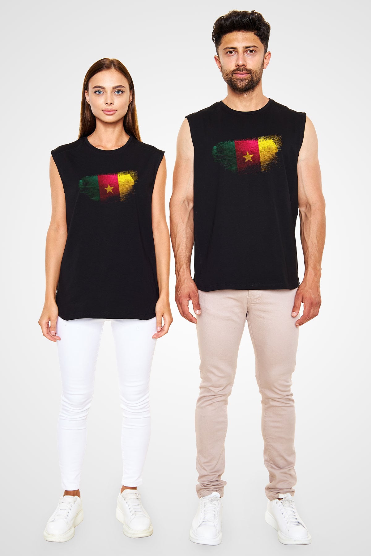 Kamerun - Cameroon Bayrağı Baskılı Unisex Siyah Kolsuz Tişört