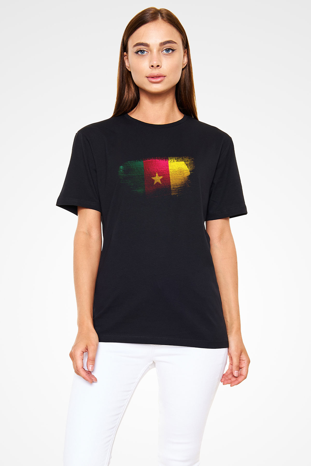 Kamerun - Cameroon Bayrağı Baskılı Unisex Siyah Tişört