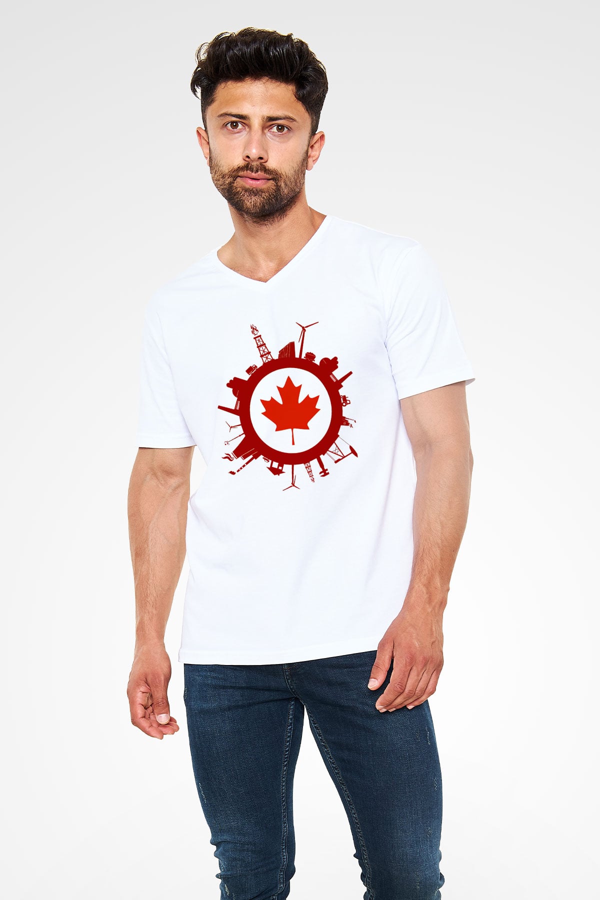 Kanada Beyaz Unisex V Yaka Tişört T-Shirt