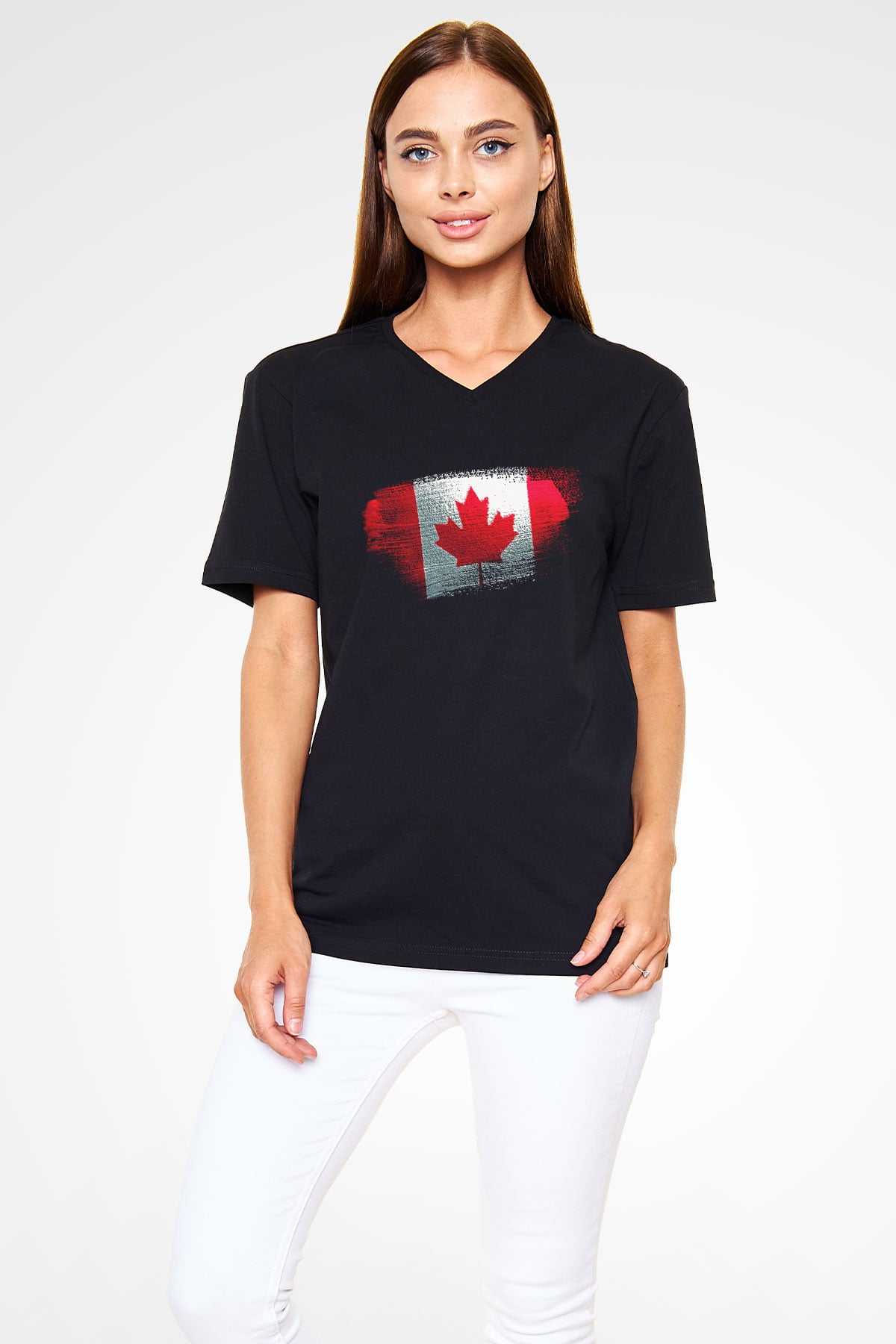 Kanada - Canada Bayrağı Baskılı Unisex Siyah V Yaka Tişört