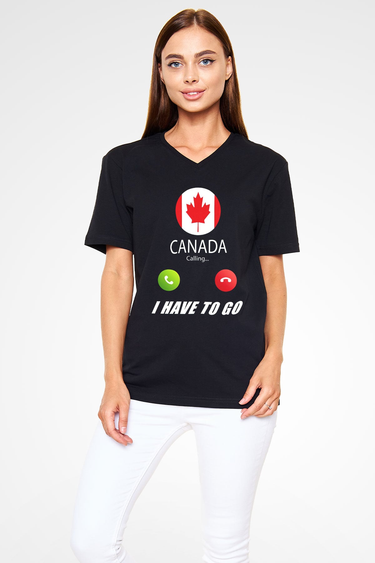 Kanada Siyah Unisex V Yaka Tişört