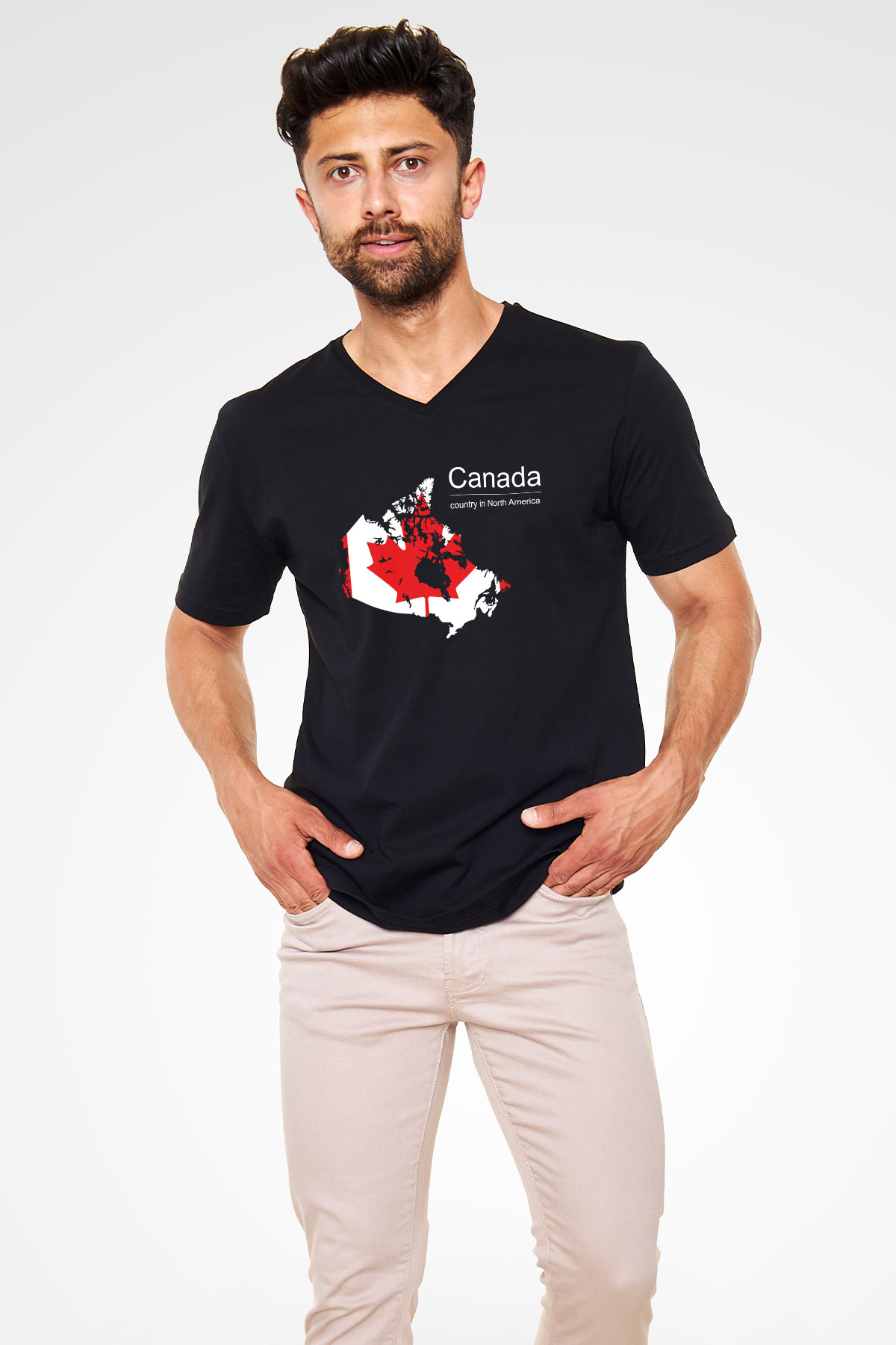 Kanada Siyah Unisex V Yaka Tişört T-Shirt