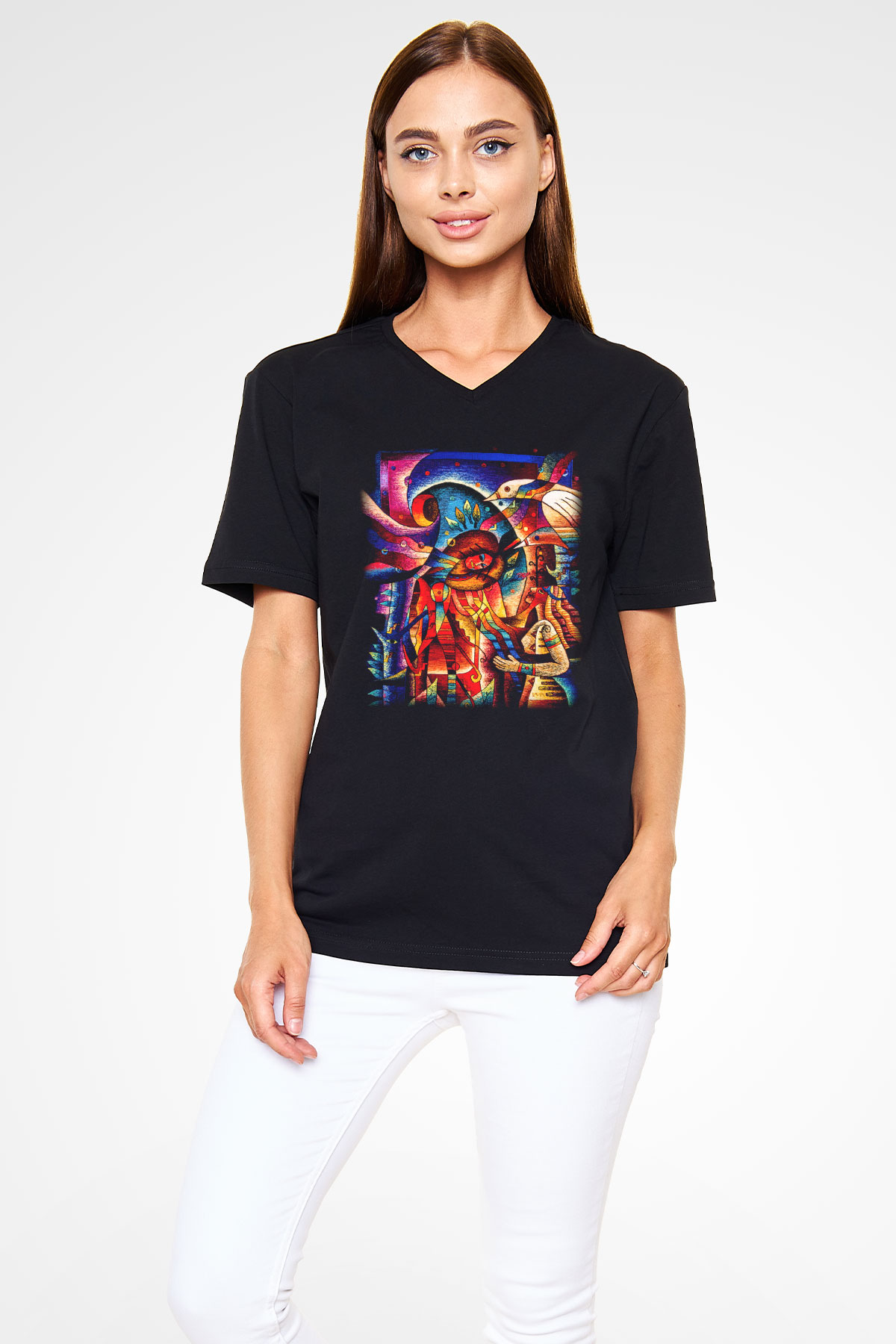 Kanaviçe Siyah Unisex V Yaka Tişört T-Shirt