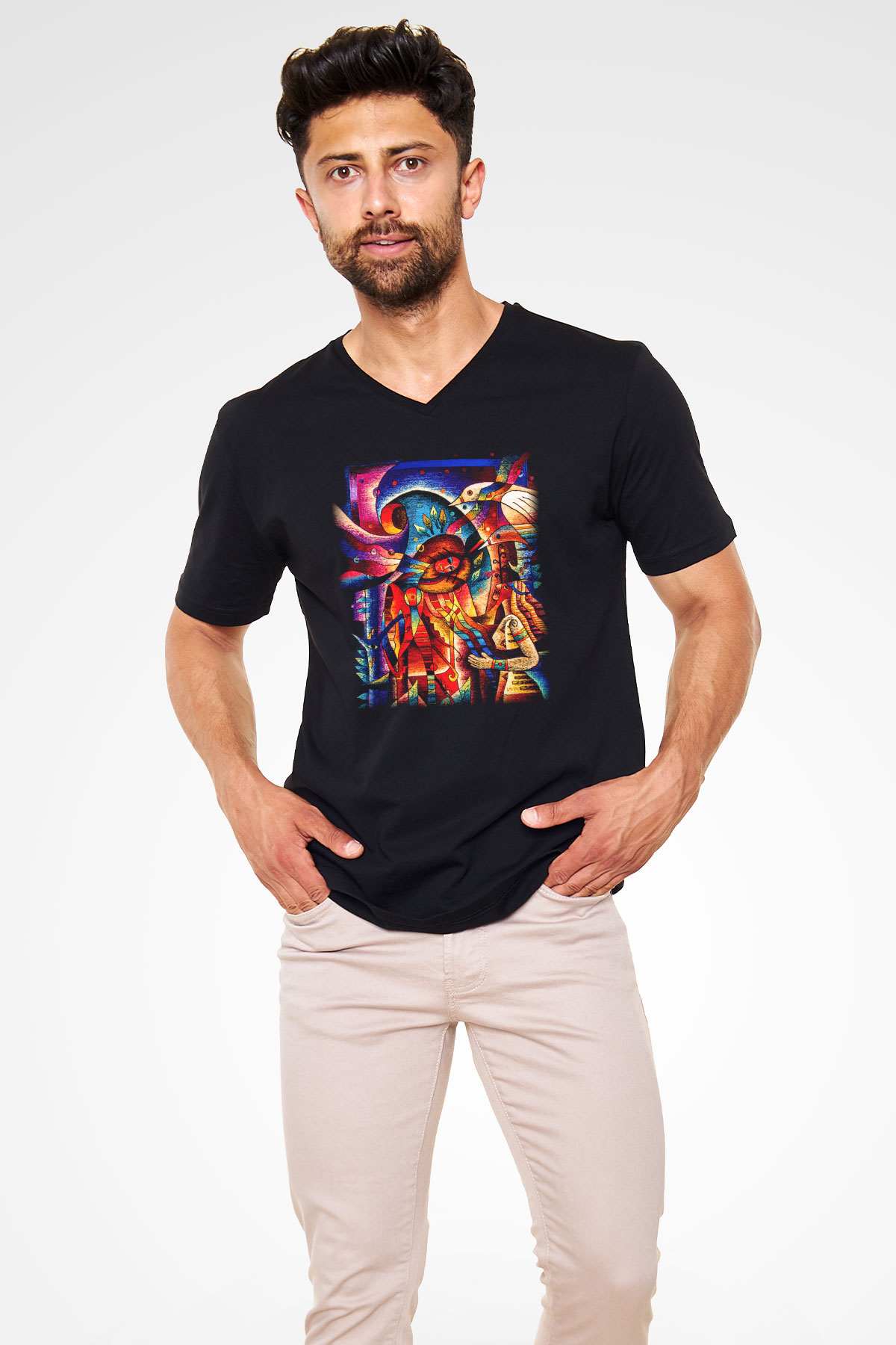 Kanaviçe Siyah Unisex V Yaka Tişört T-Shirt