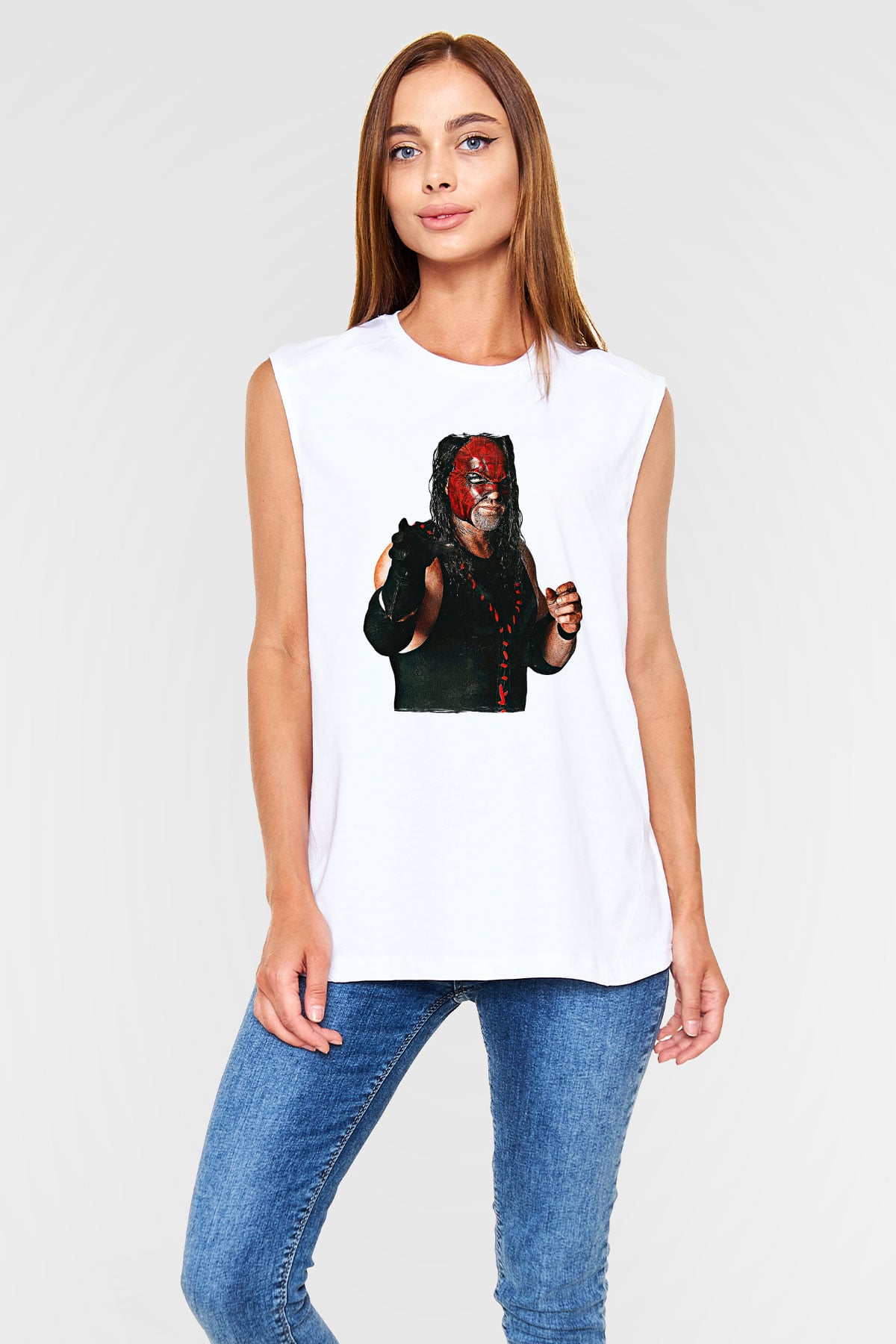Kane Baskılı Beyaz Unisex Kolsuz Tişört - Tshirt