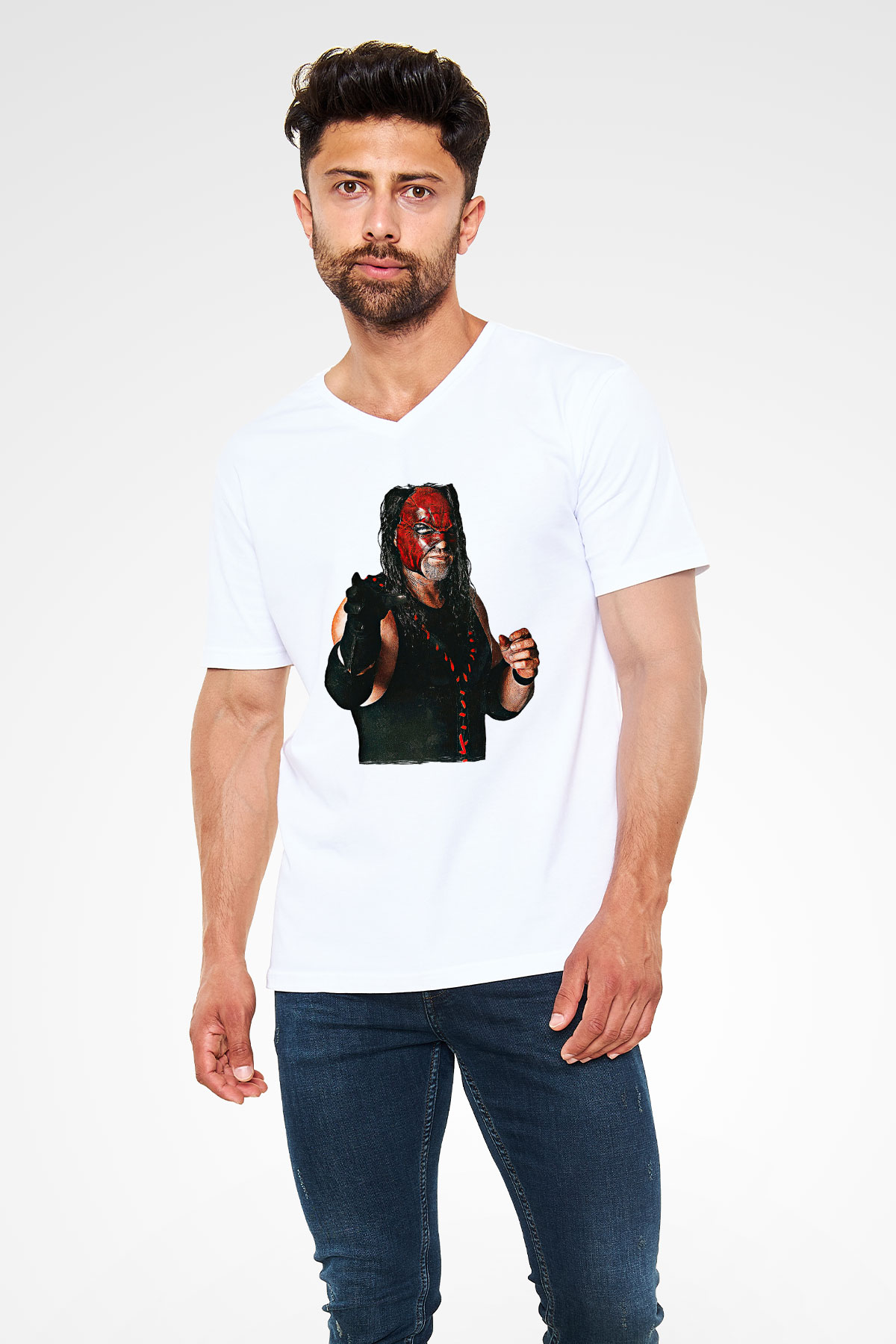 Kane Baskılı Beyaz Unisex V Yaka Tişört - Tshirt