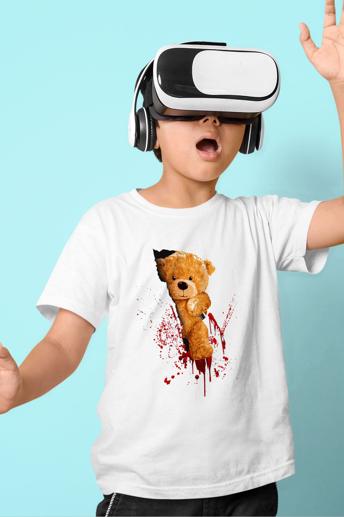 Kanlı Teddy Temalı Baskılı Unisex Beyaz  Çocuk Tişört