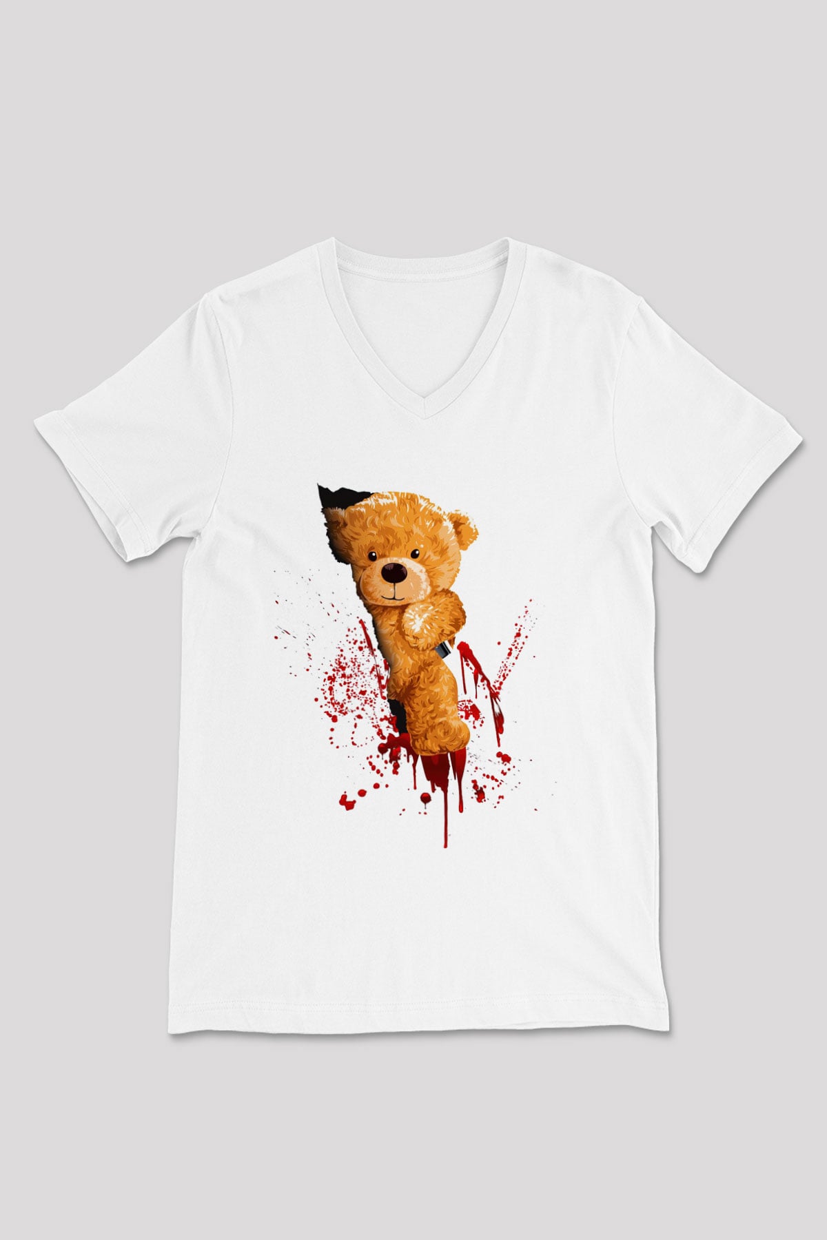 Kanlı Teddy Temalı Baskılı Unisex Beyaz  V Yaka Tişört