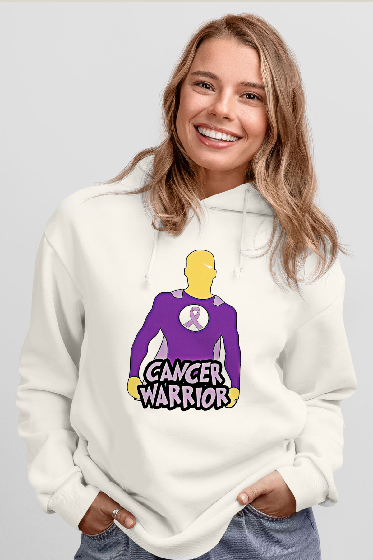 Kanser Günü Baskılı Beyaz Unisex Kapüşonlu Sweatshirt