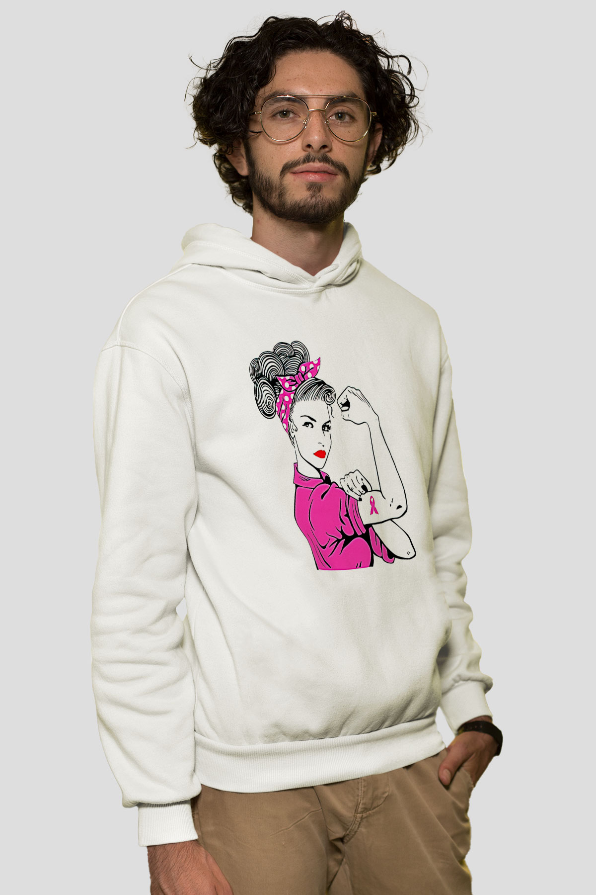 Kanser Günü Baskılı Beyaz Unisex Kapüşonlu Sweatshirt