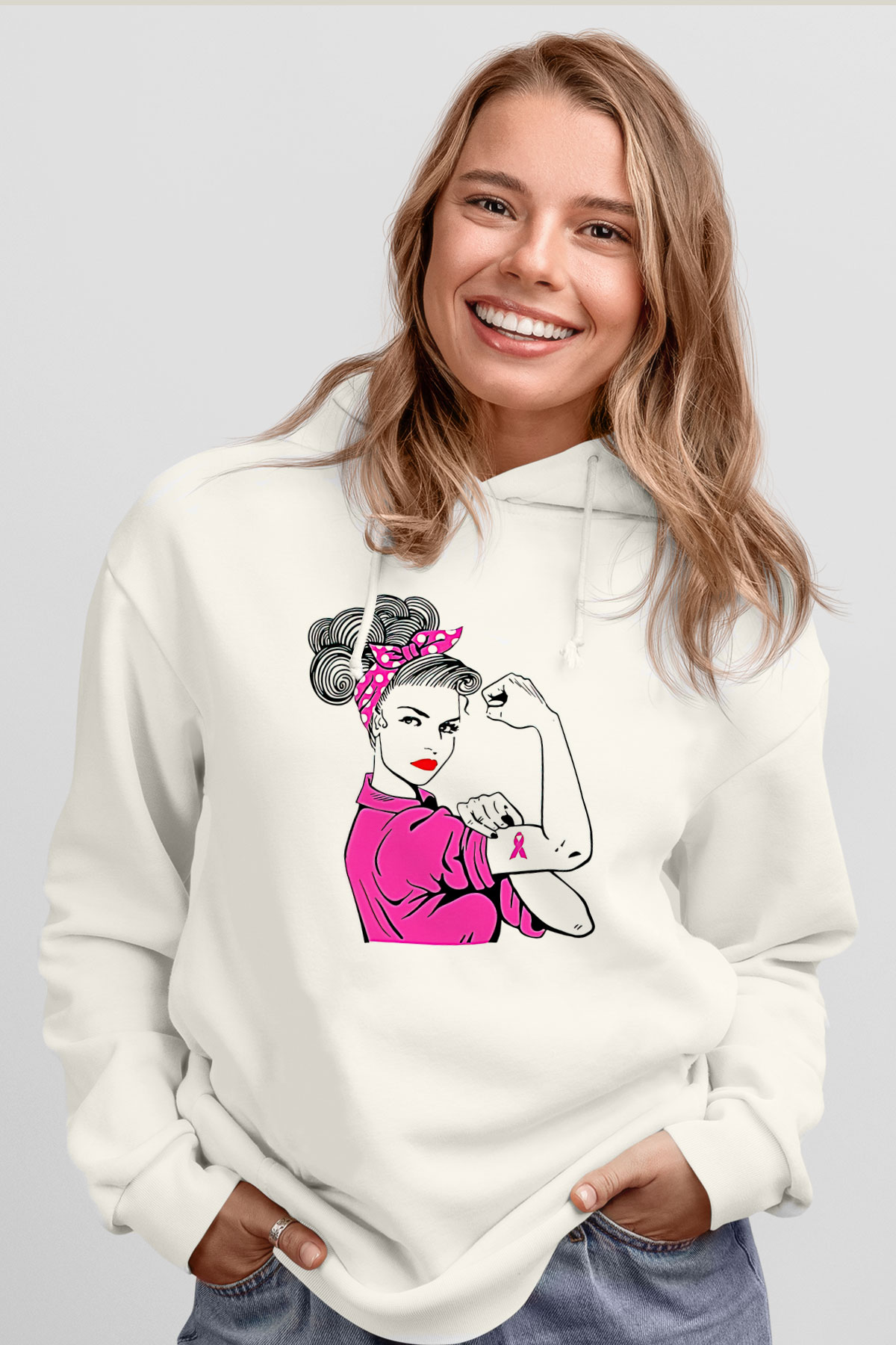 Kanser Günü Baskılı Beyaz Unisex Kapüşonlu Sweatshirt