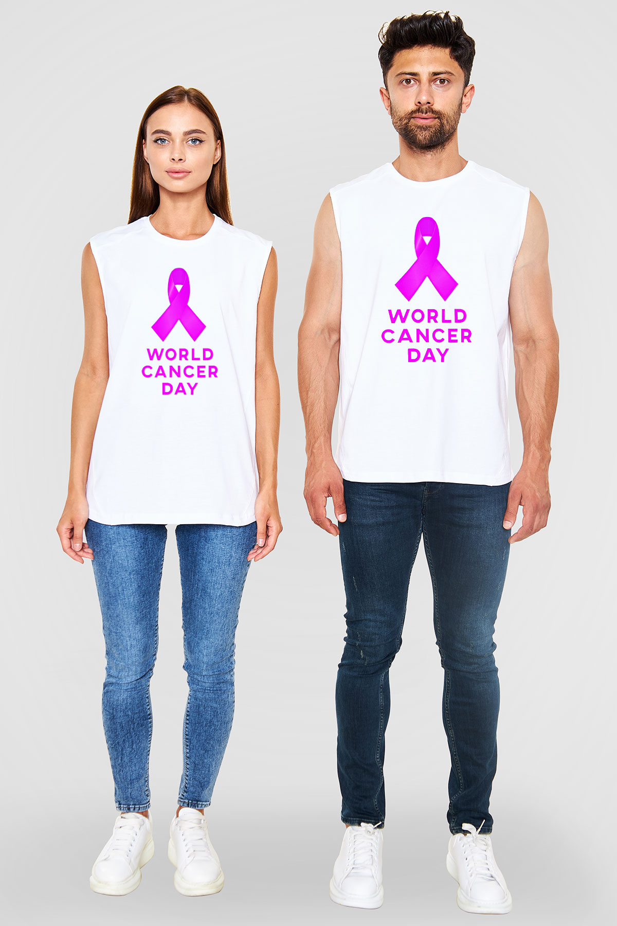 Kanser Günü Baskılı Beyaz Unisex Kolsuz Tişört - Tshirt