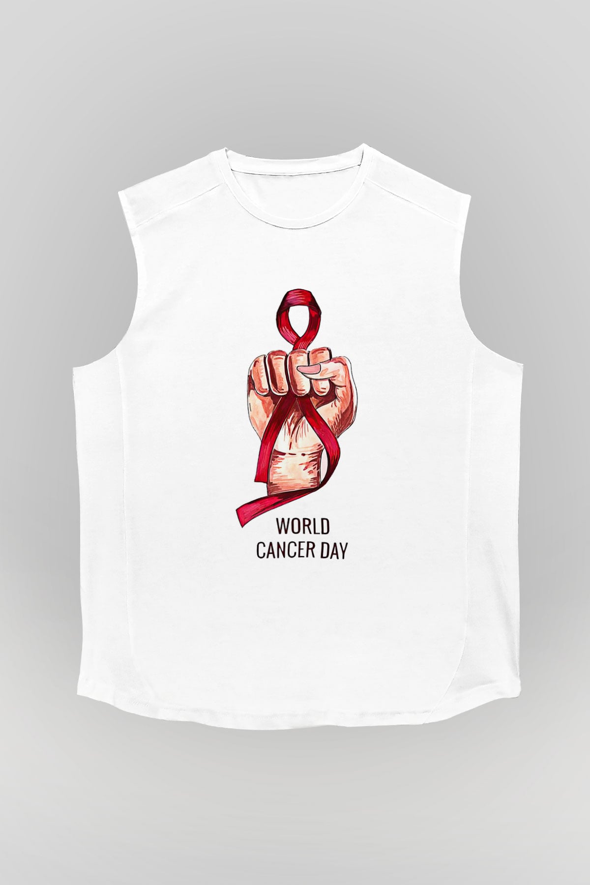 Kanser Günü Baskılı Beyaz Unisex Kolsuz Tişört - Tshirt