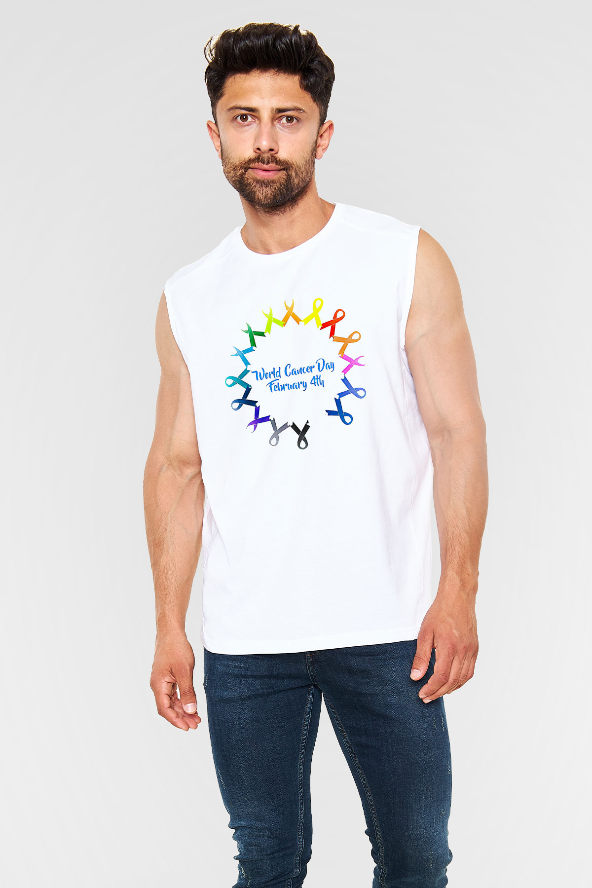 Kanser Günü Baskılı Beyaz Unisex Kolsuz Tişört - Tshirt
