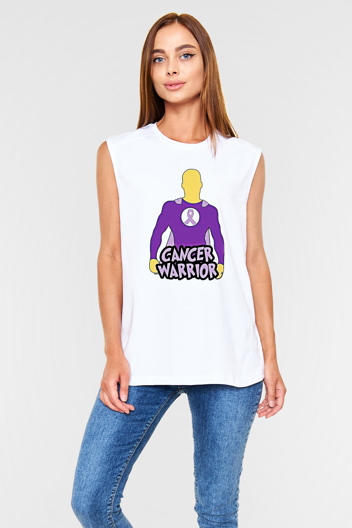Kanser Günü Baskılı Beyaz Unisex Kolsuz Tişört - Tshirt