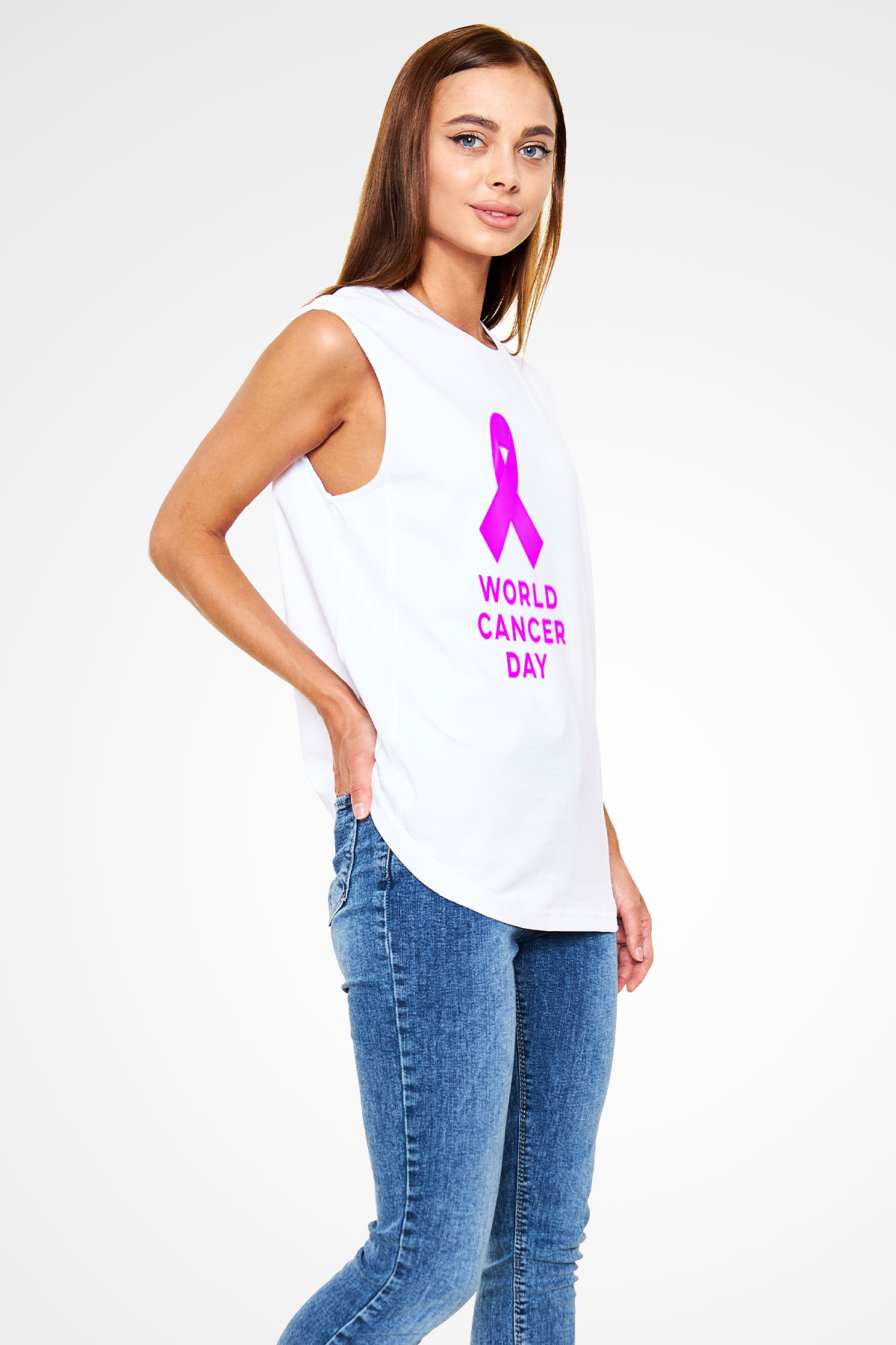 Kanser Günü Baskılı Beyaz Unisex Kolsuz Tişört - Tshirt