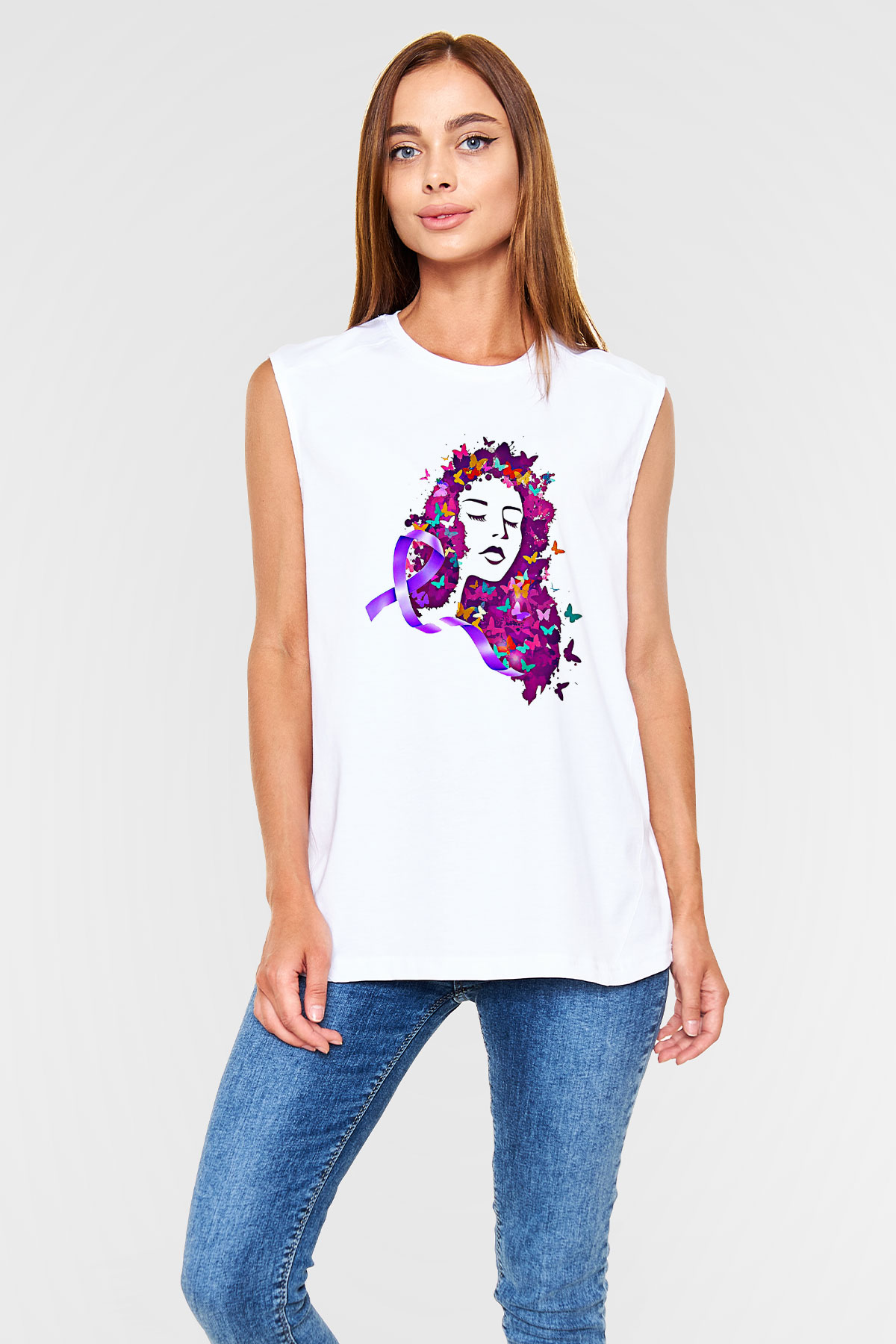 Kanser Günü Baskılı Beyaz Unisex Kolsuz Tişört - Tshirt