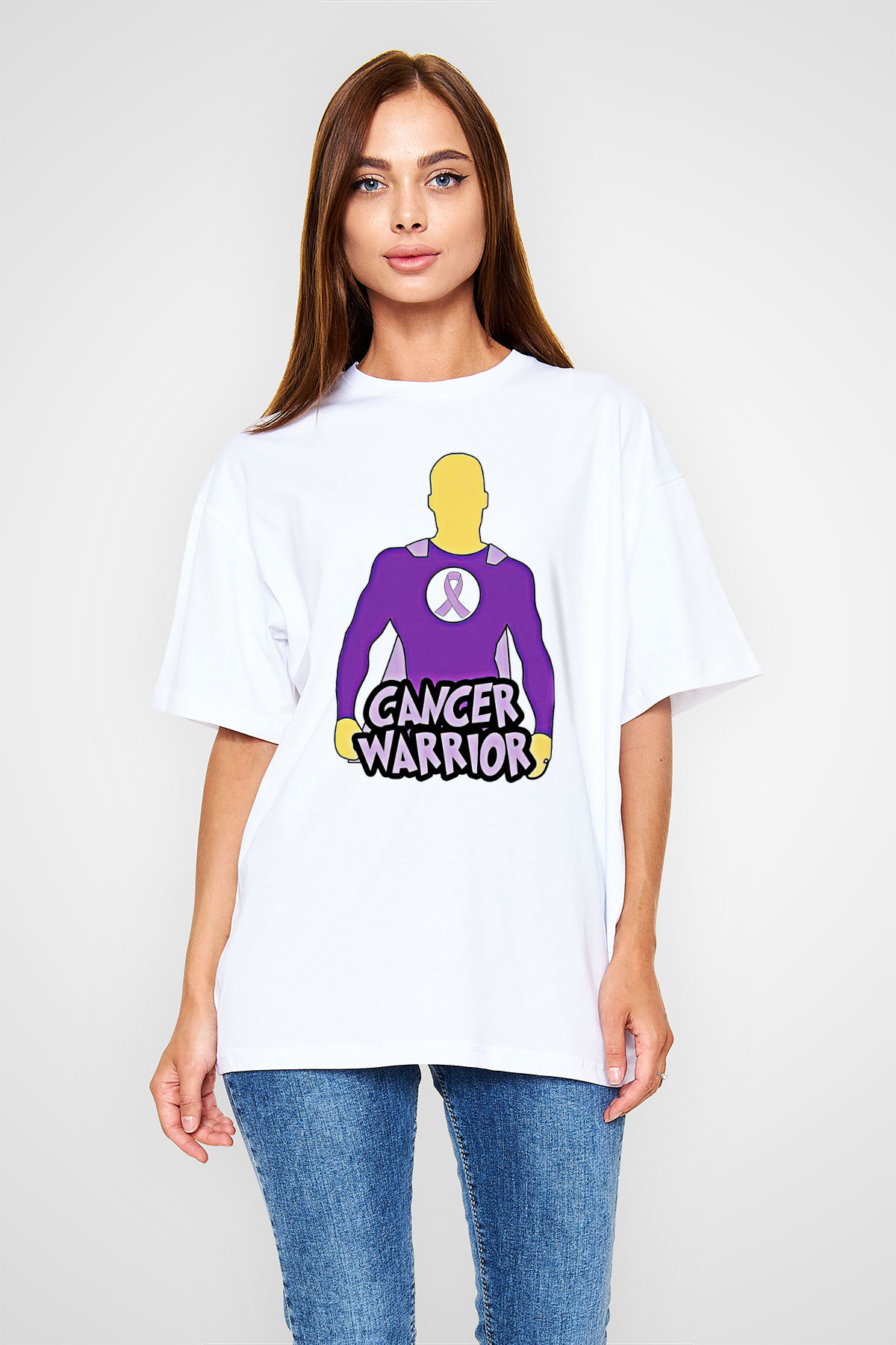 Kanser Günü Baskılı Beyaz Unisex Oversize Tişört - Tshirt