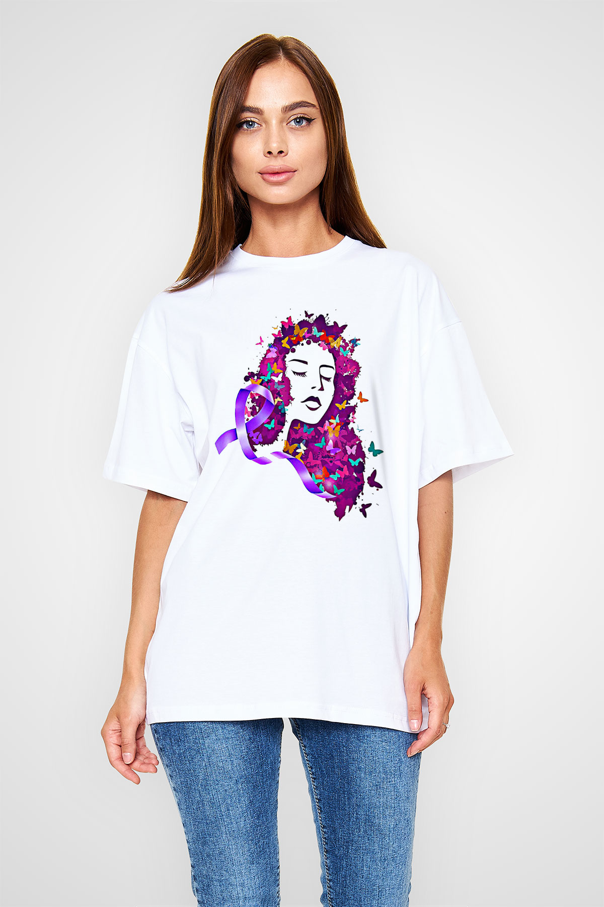 Kanser Günü Baskılı Beyaz Unisex Oversize Tişört - Tshirt