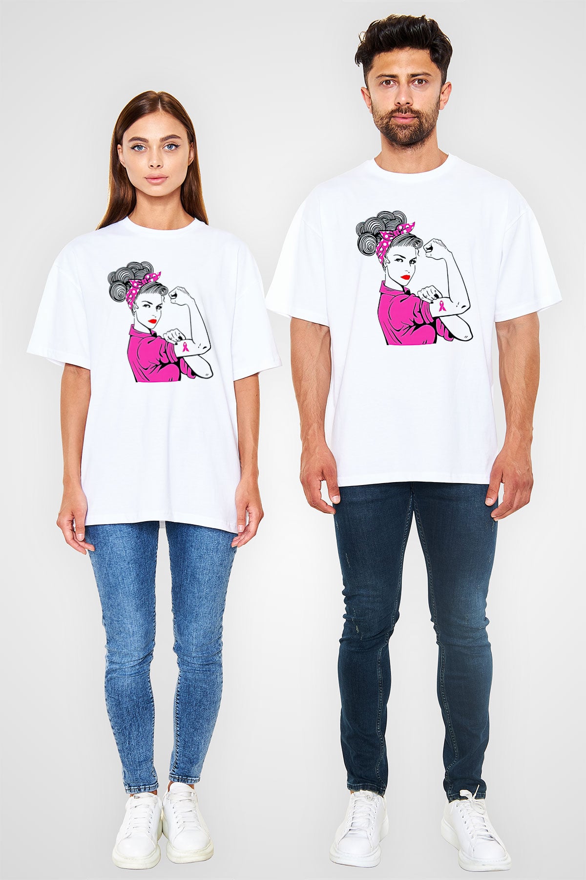 Kanser Günü Baskılı Beyaz Unisex Oversize Tişört - Tshirt