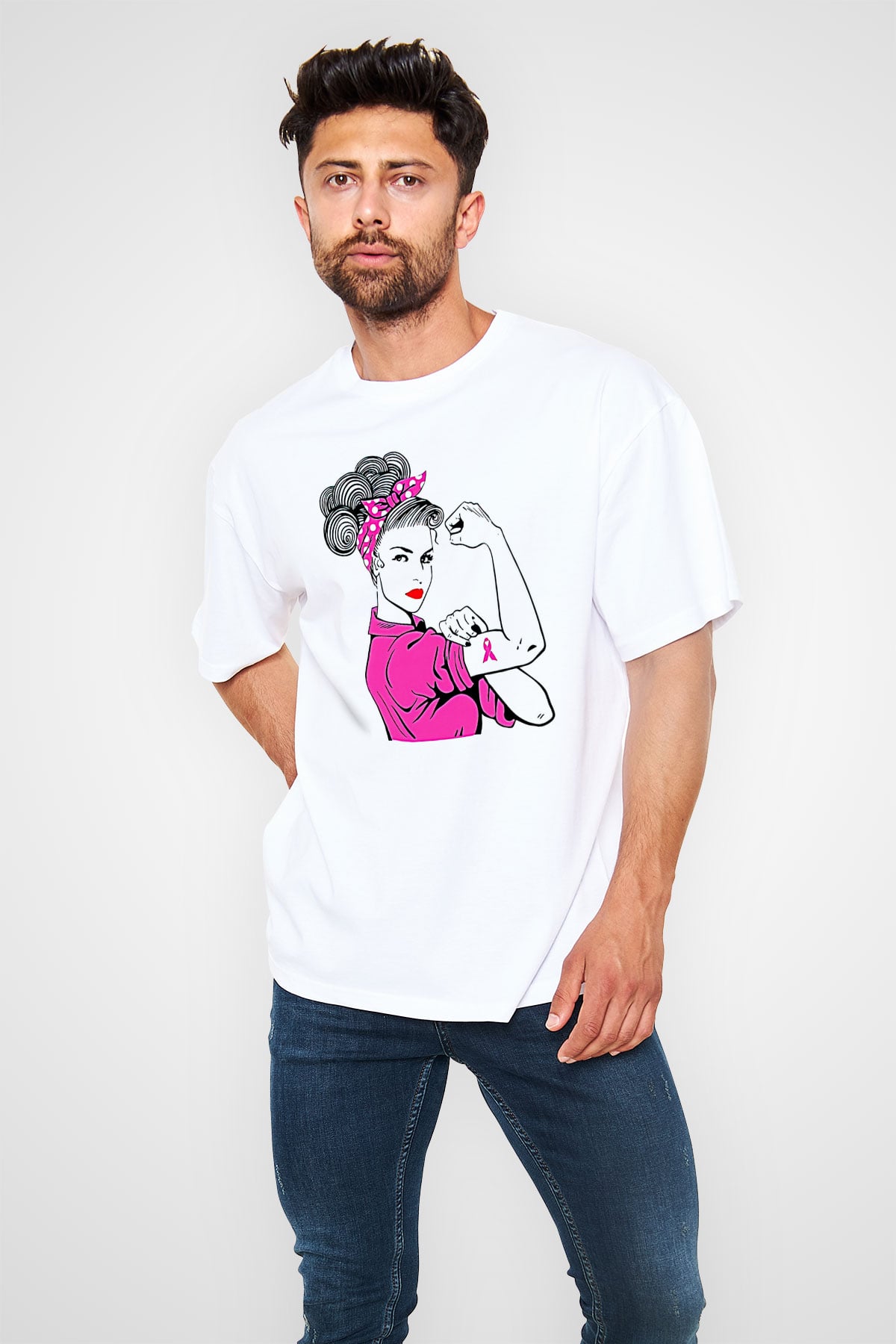 Kanser Günü Baskılı Beyaz Unisex Oversize Tişört - Tshirt