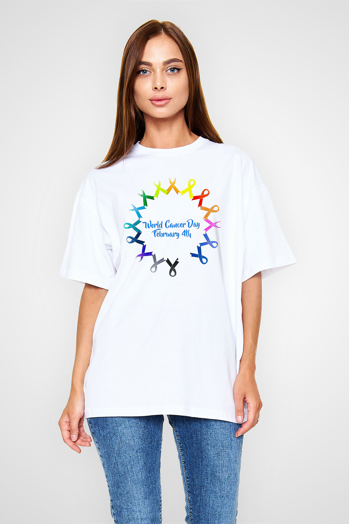 Kanser Günü Baskılı Beyaz Unisex Oversize Tişört - Tshirt