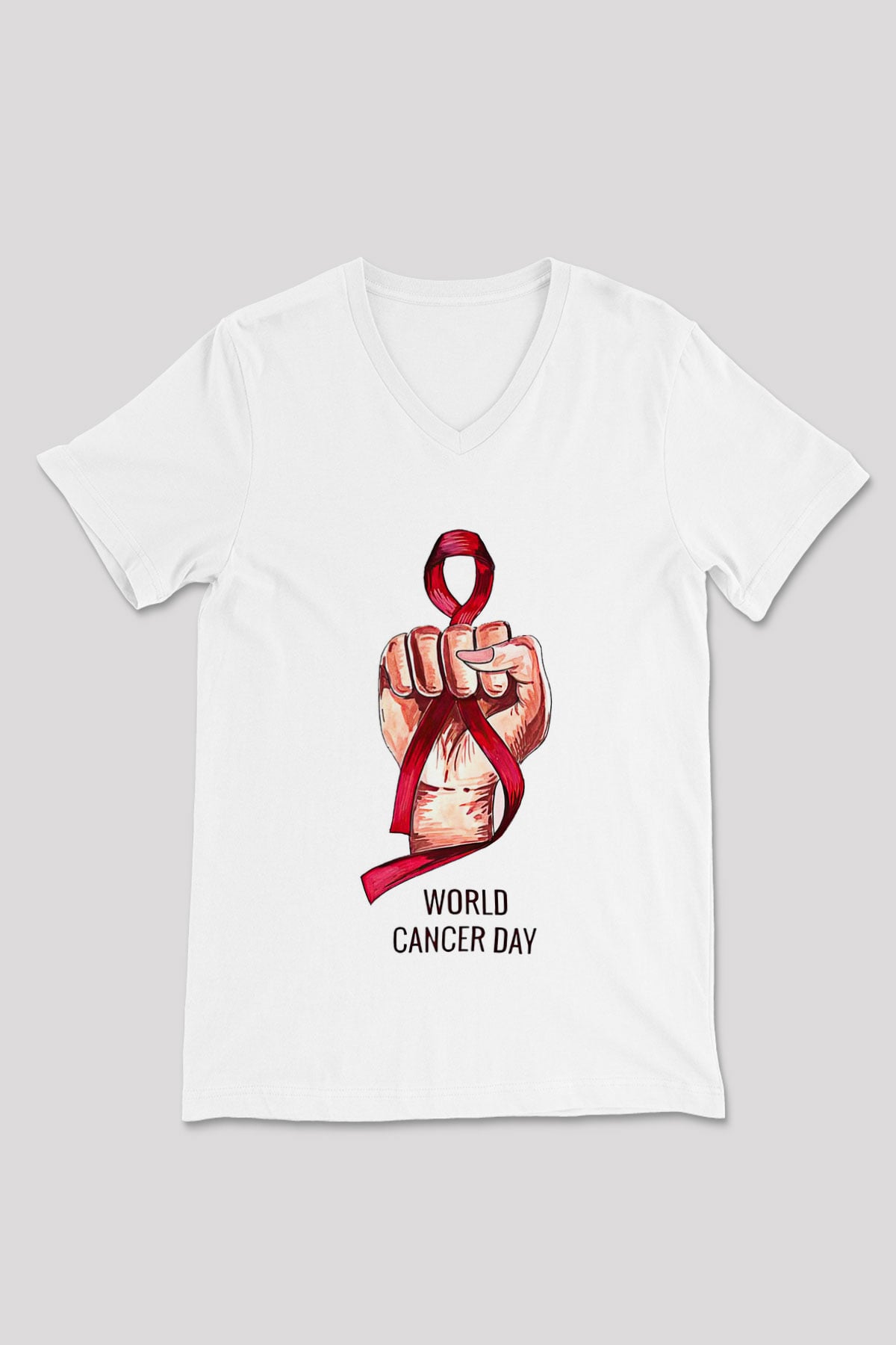 Kanser Günü Baskılı Beyaz Unisex V Yaka Tişört - Tshirt