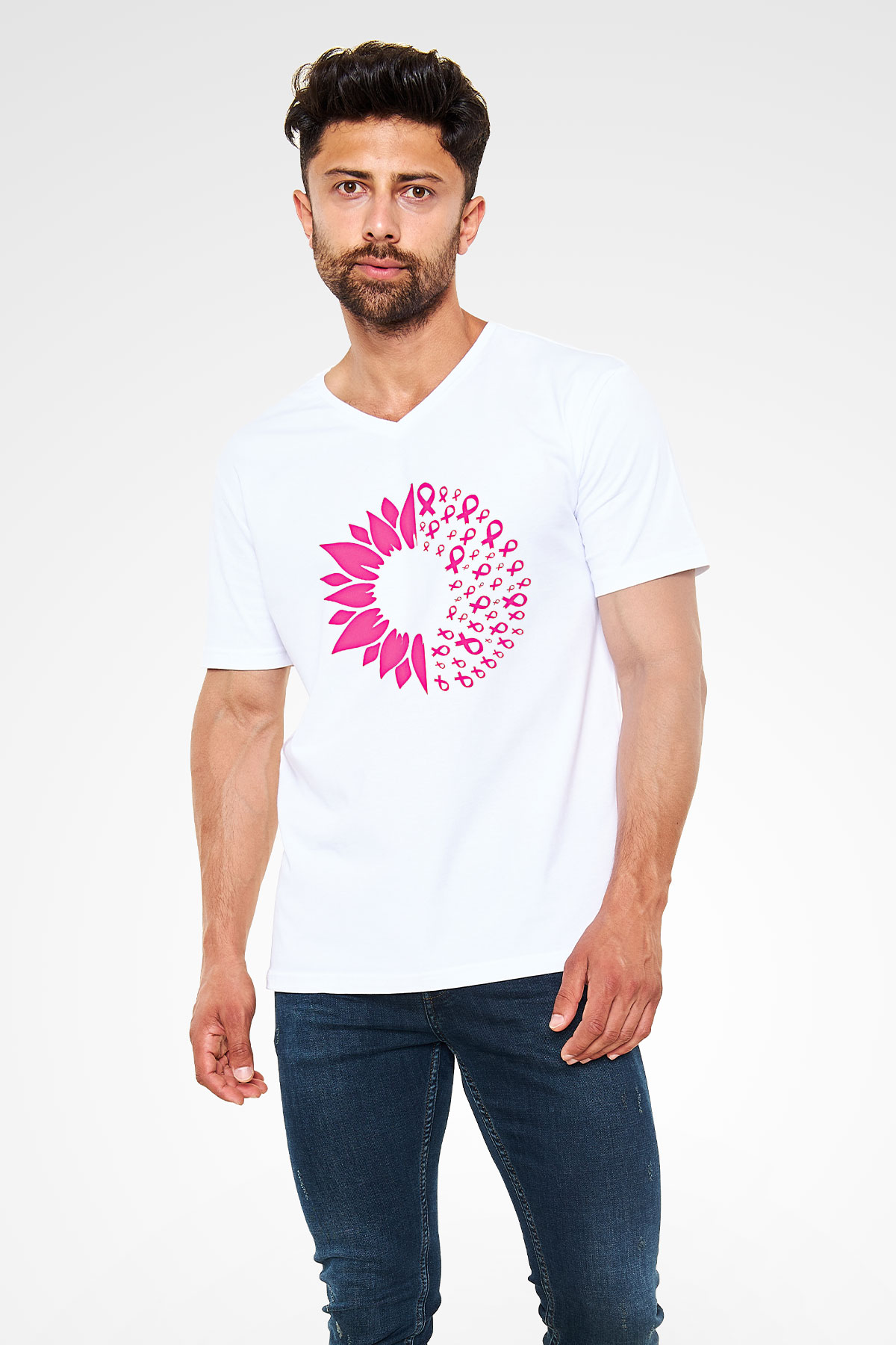 Kanser Günü Baskılı Beyaz Unisex V Yaka Tişört - Tshirt