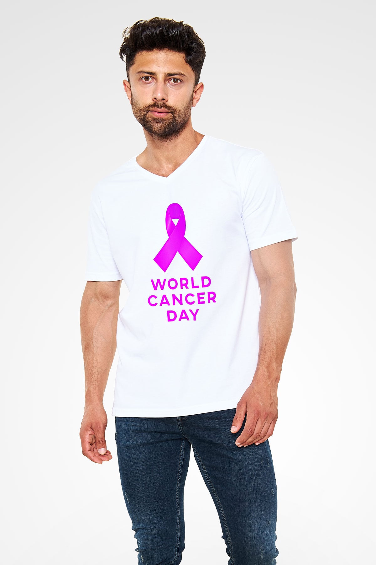 Kanser Günü Baskılı Beyaz Unisex V Yaka Tişört - Tshirt