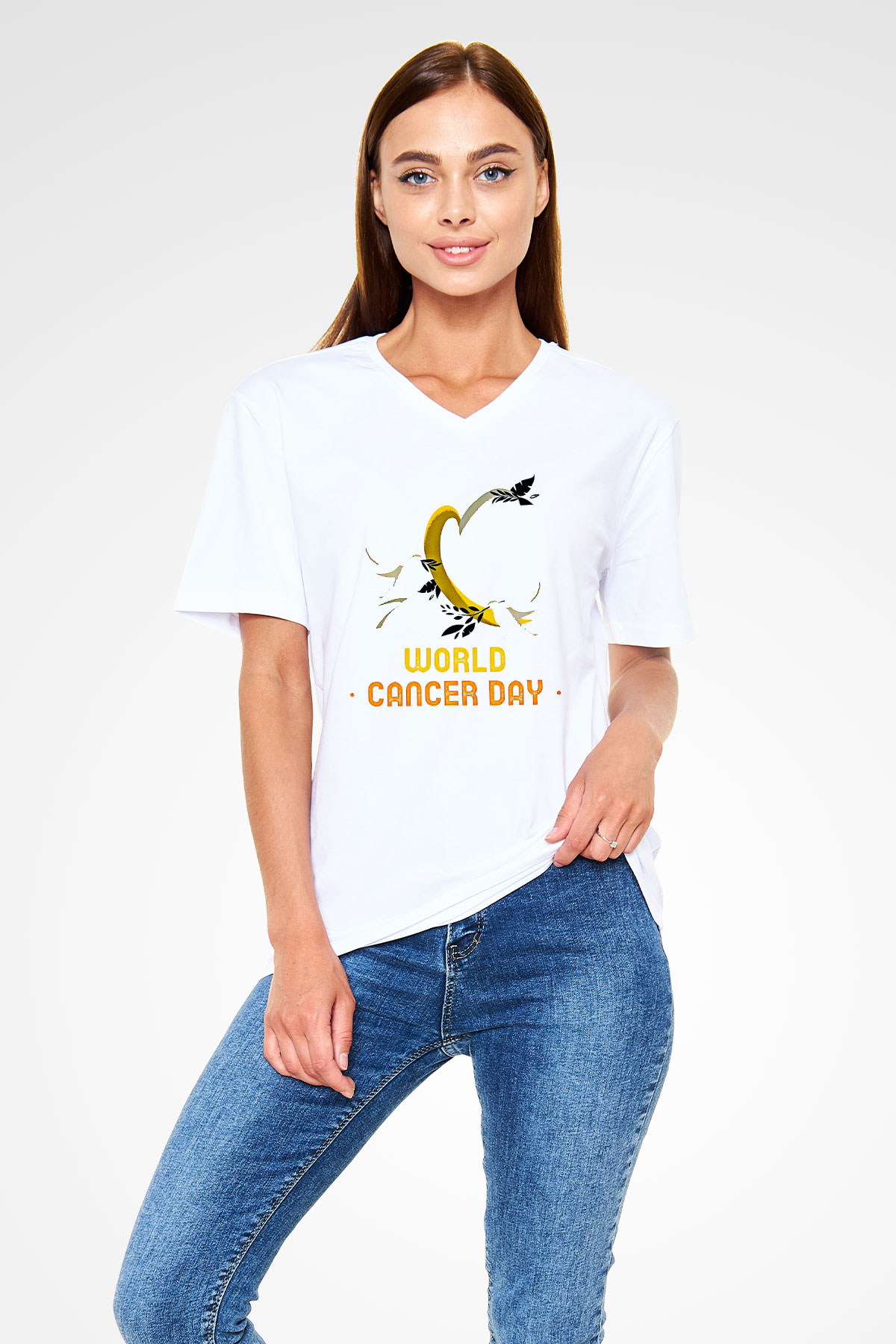 Kanser Günü Baskılı Beyaz Unisex V Yaka Tişört - Tshirt